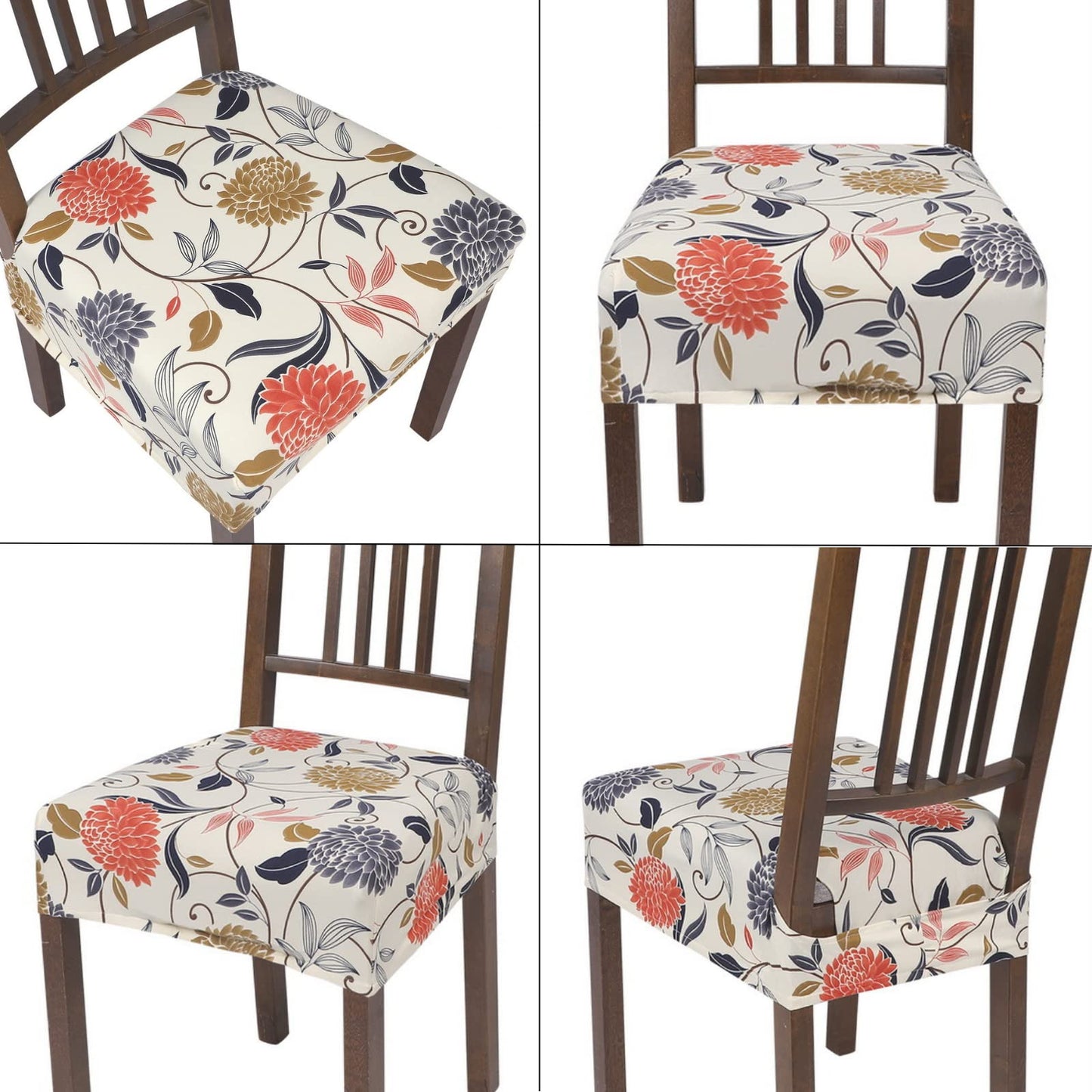 SearchI Stretch Dining Chair Seat Covers Set of 6, Soft Removable Washable Seat Covers for Dining Chairs, Dining Room Seat Cover Protector (Rear-Covered, Orange Flowers)