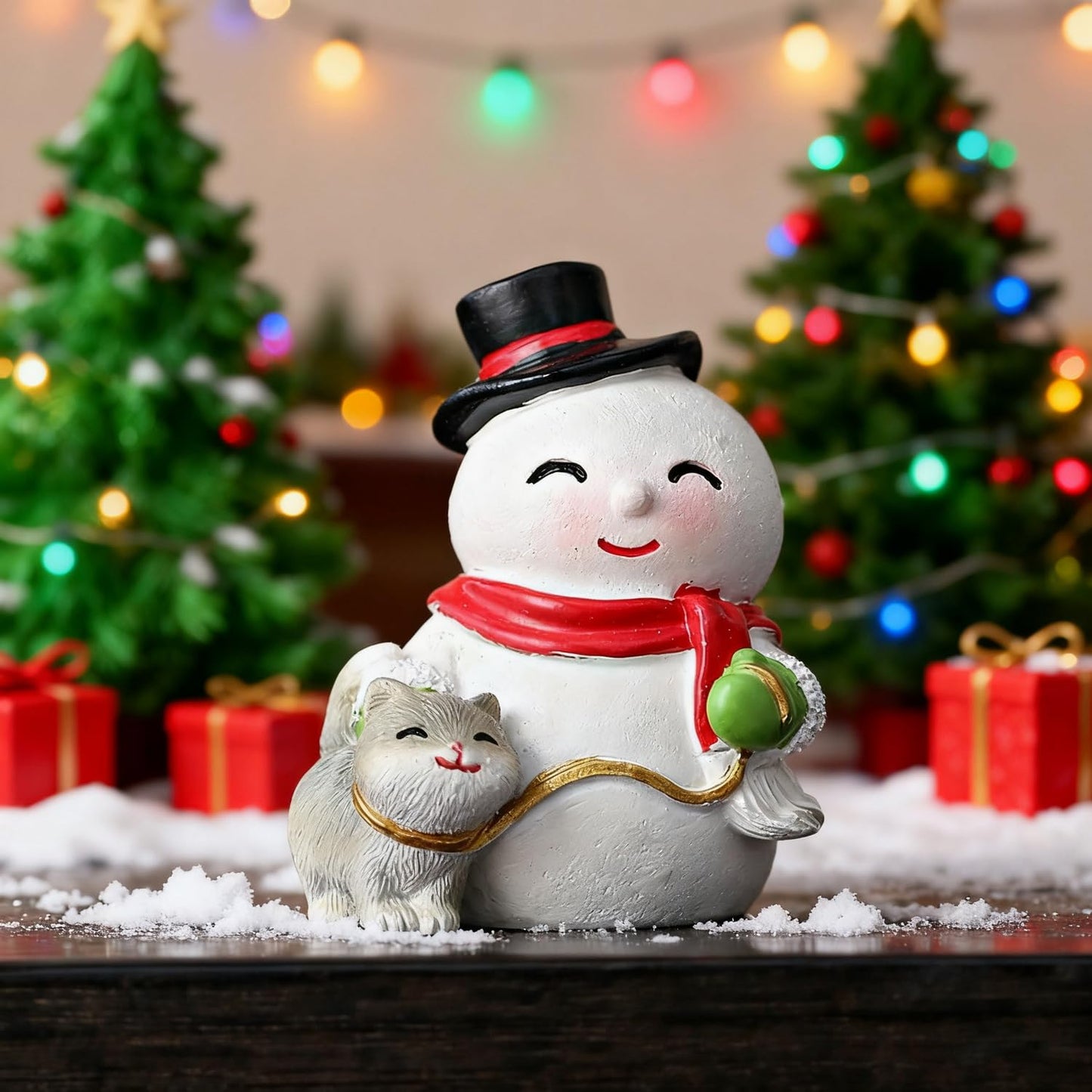 Christmas Statue Decorative Xmas Cute Snowman Figurine Holiday Present Atificial Stone Cartoon Snowman Figurine Christmas Desktop Ornaments for Home Desk Dining Table Bookshelf Display Decorations