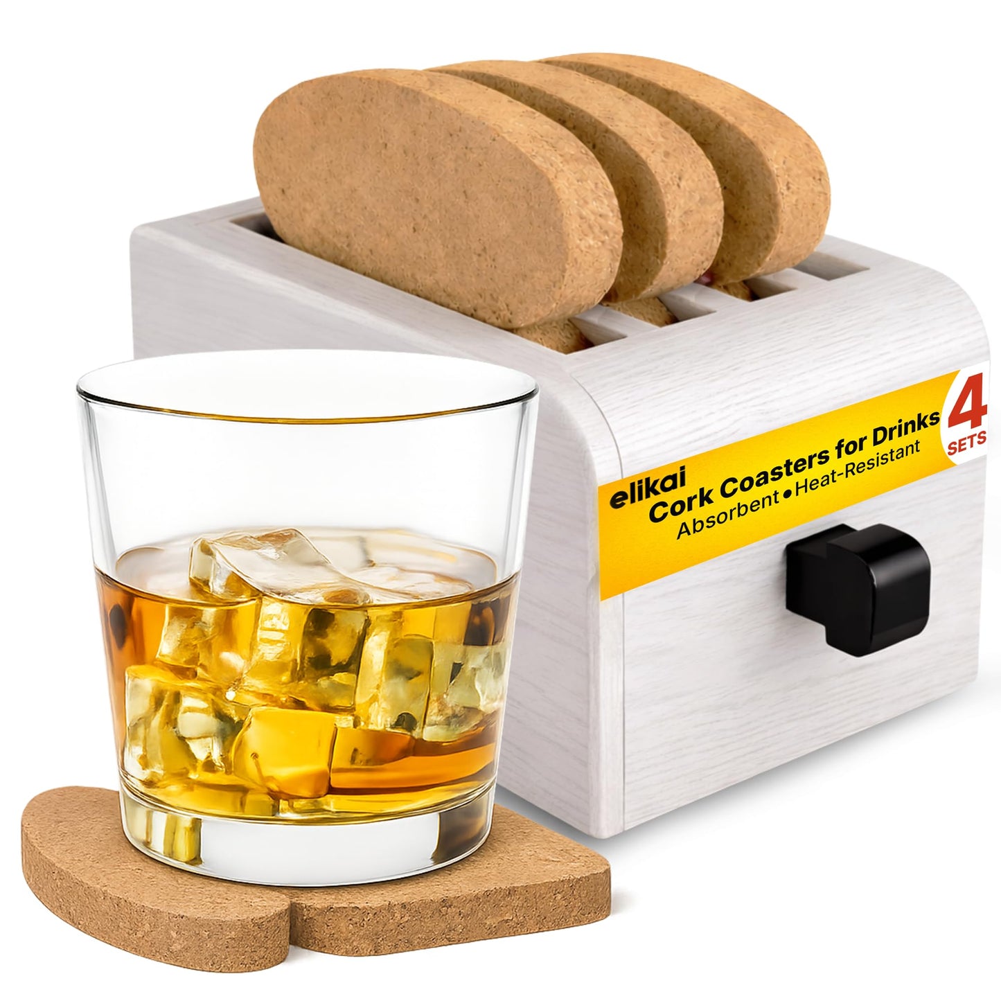 ELIKAI Cork Coasters for Drinks - Funny Coasters for Coffee Table, Absorbent Cork Coaster Set with Holder, Heat-Resistant Hot Pads for Kitchen, Ideal Housewarming and Birthday Gift, Set of 4