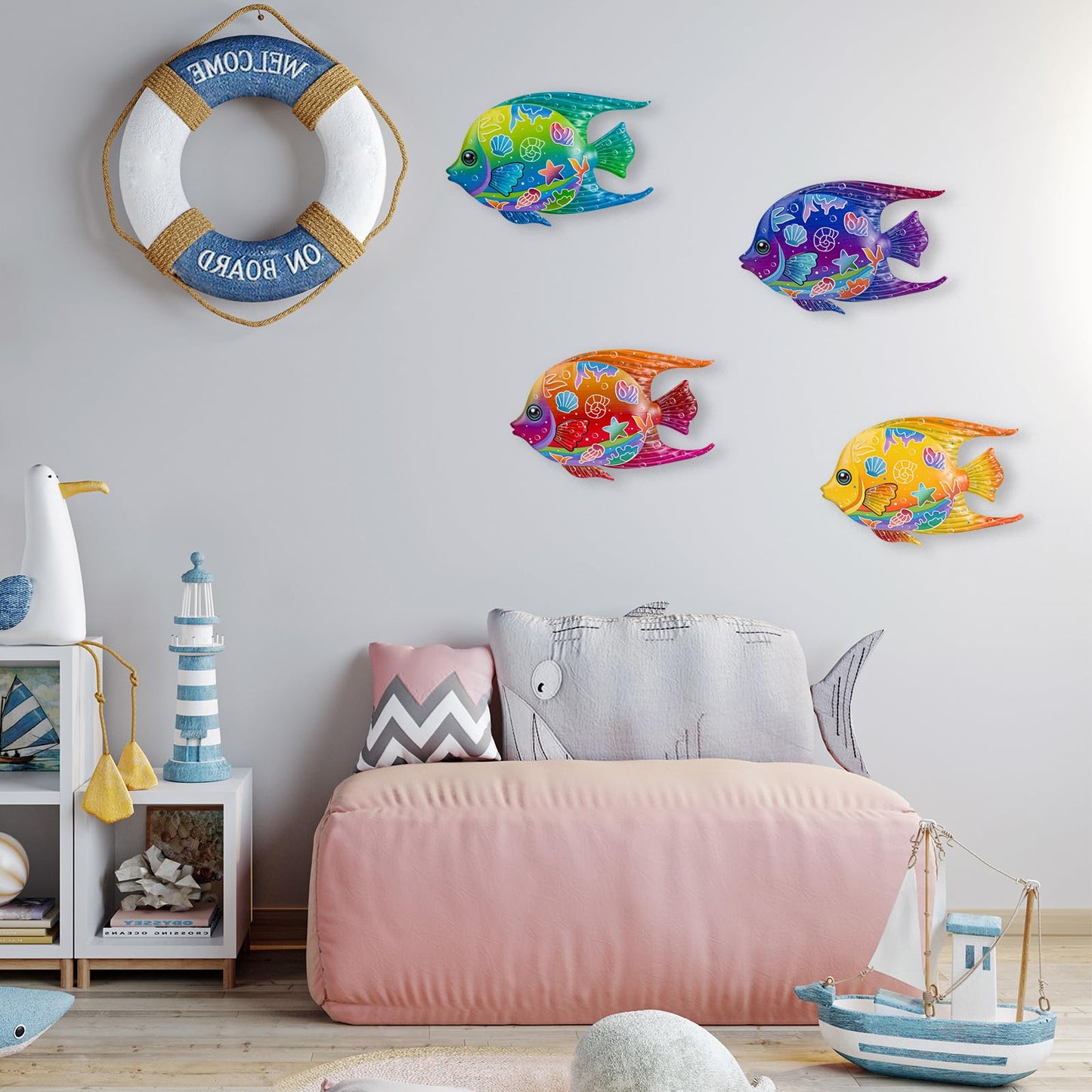 SUNREEK 9 Inches Metal Fish Wall Art, Coastal Beach Nautical Hanging Decor, Outdoor Ocean Pool Wall Decor (4, Fish-A)