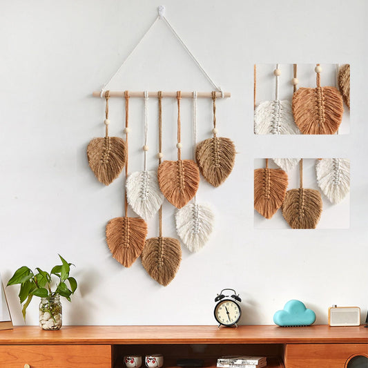 Segutage Macrame Wall Hanging Leaves, Large Feather Wall Hanging Decor Handmade Yarn Woven Wall Art Leaf Decorations Tapestries for Nursery, Bedroom, Living Room 15.74x31.49 Inch (khaki)