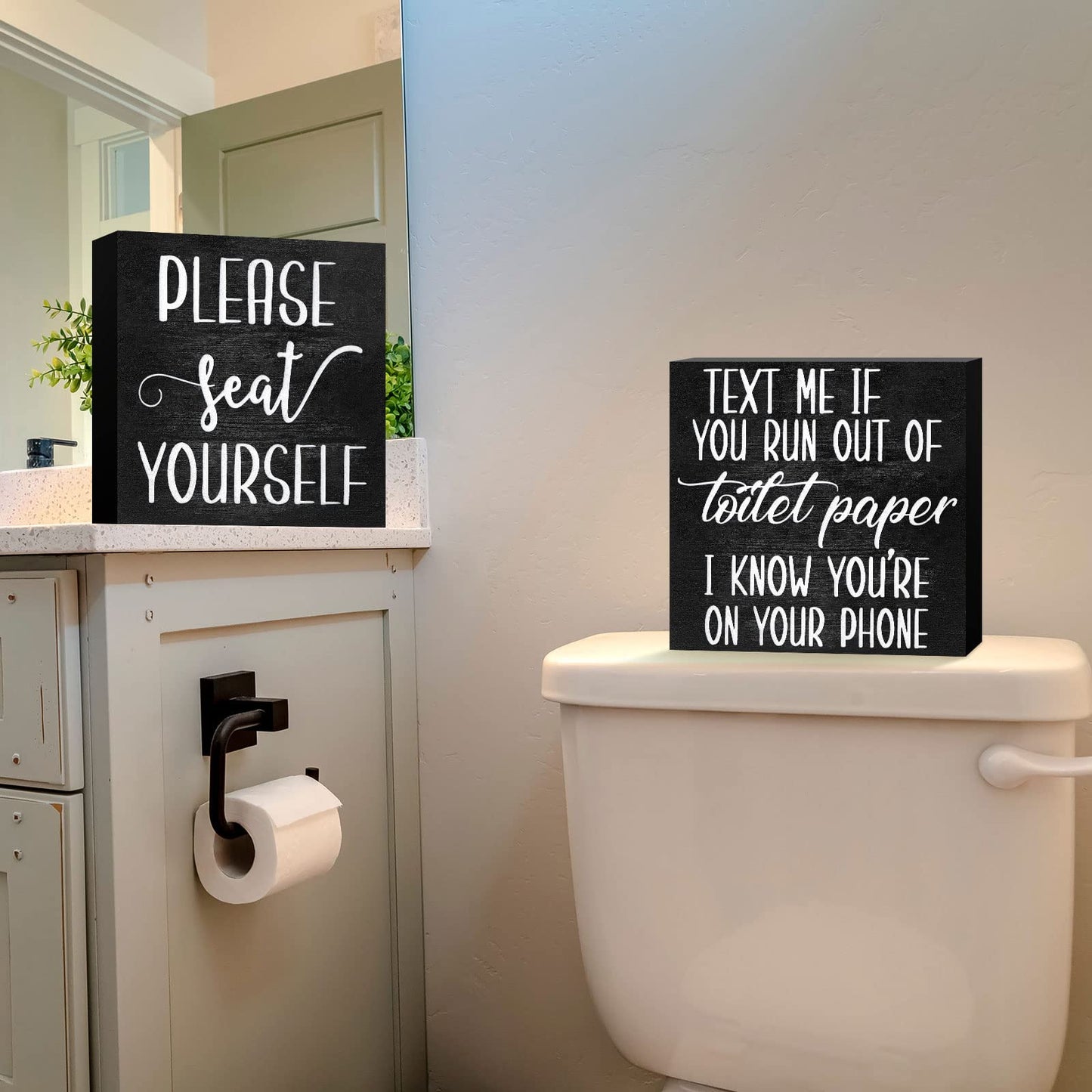 Jetec Set of 2 Farmhouse Bathroom Signs Decor Funny Rustic Wood Plaque Bathroom Wall Art Please Seat Yourself Wooden Toilet Signs for Home Restroom Shelves(Black)