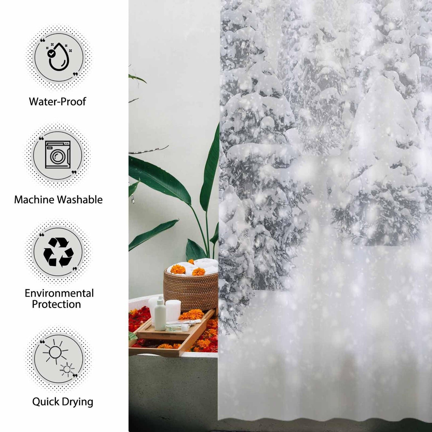 Allenjoy 72x72 inch Christmas Shower Curtain Set Natural Winter Forest Snowflake Snowfall Bathroom Curtain Durable Waterproof Fabric Bathtub Sets Home Decor