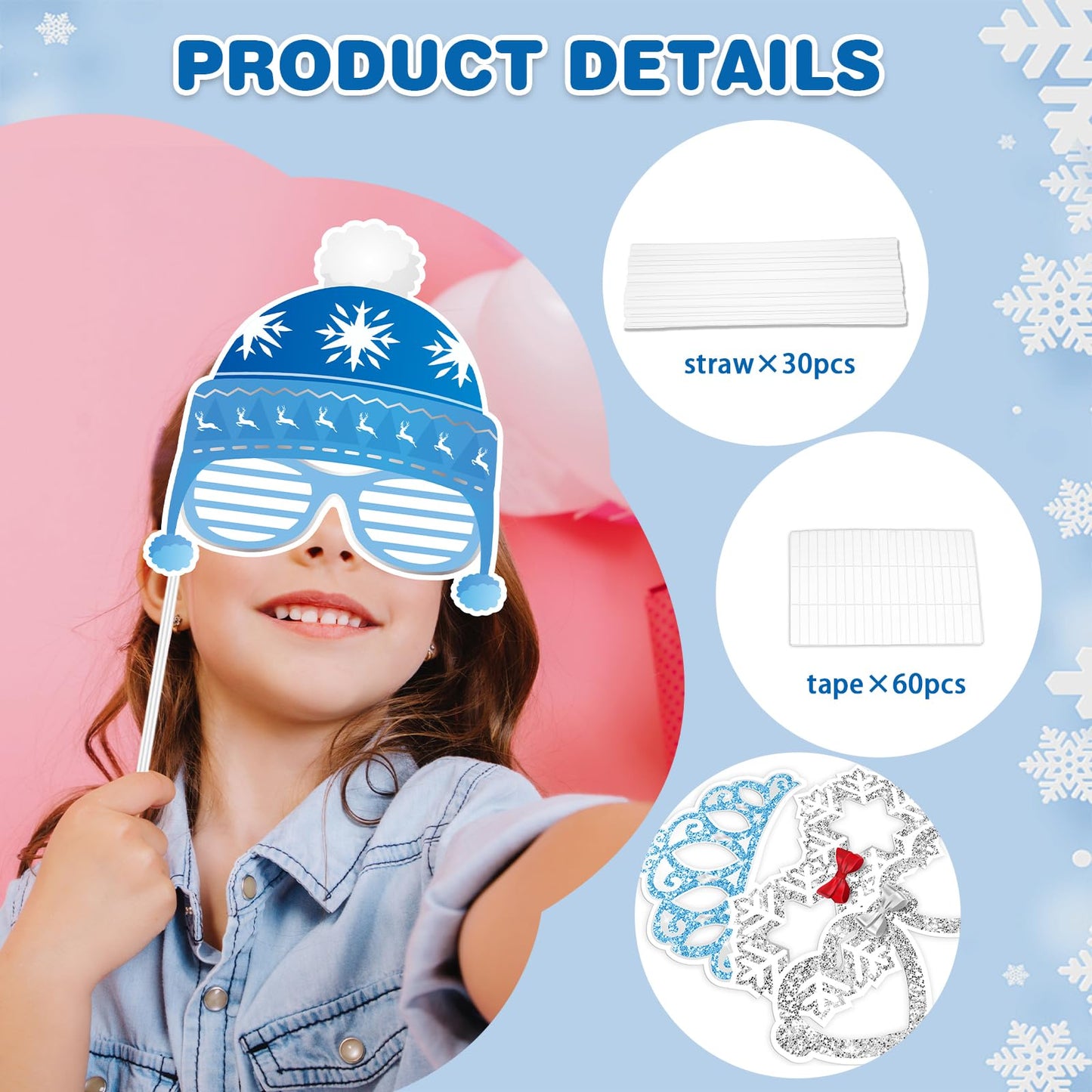 KALEFO 30Pcs Hello Winter Photo Booth Props Winter Wonderland Party Decorations Snowflake Photo Booth Props Kit Wedding Holiday Birthday Skiing New Year Party Supplies