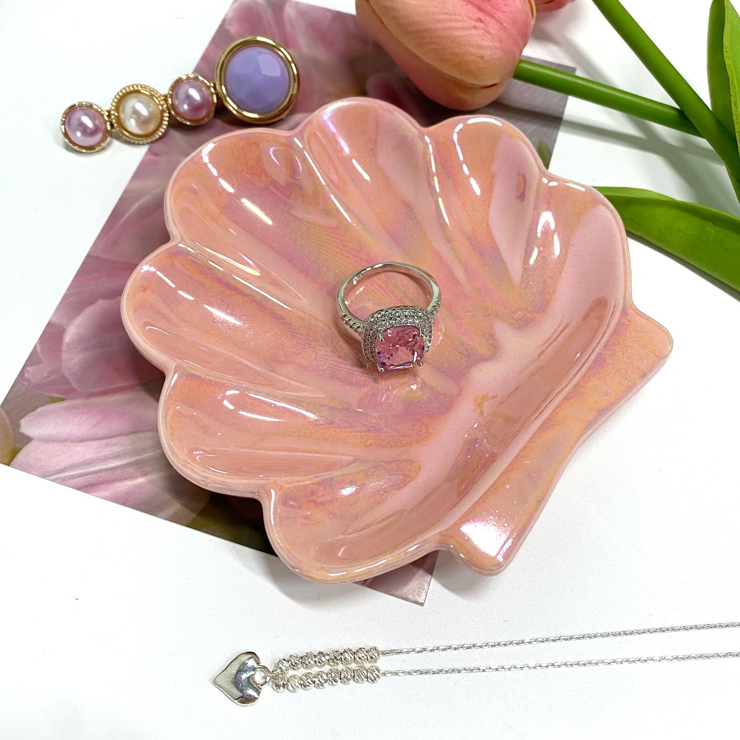 TIGERMILLION Sea Shell Jewelry Dish, Ceramic Seashell Jewelry Holder, Cute Organizer Plate Vanity Decorations Accessories for Home Bathroom Decor Birthday Mother's Day Christmas Gift for Women