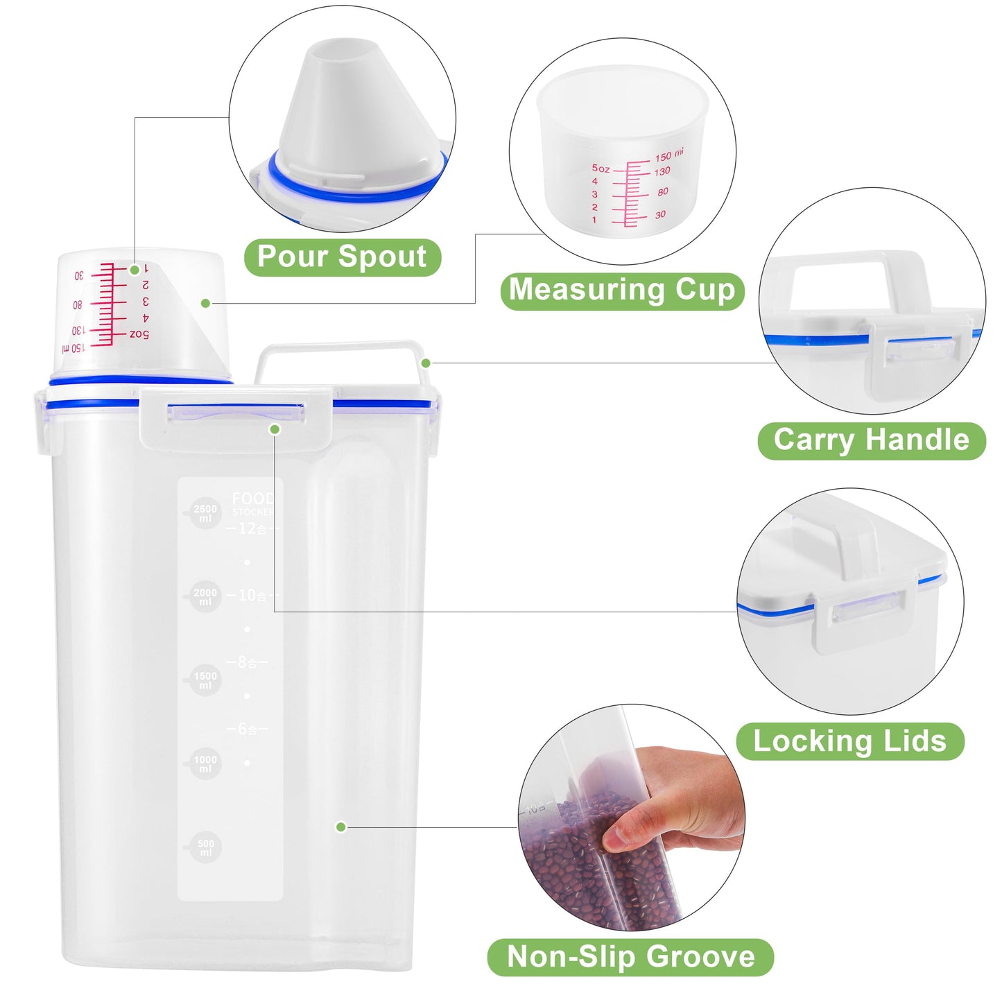 HNNJCK 4 Pcs Set Rice Storage Container 5.5lb, Rice Dispenser with Measuring Cup & Pour Spout for Flour Pasta Grain Pet Dog Cat Bird Food Storage Container