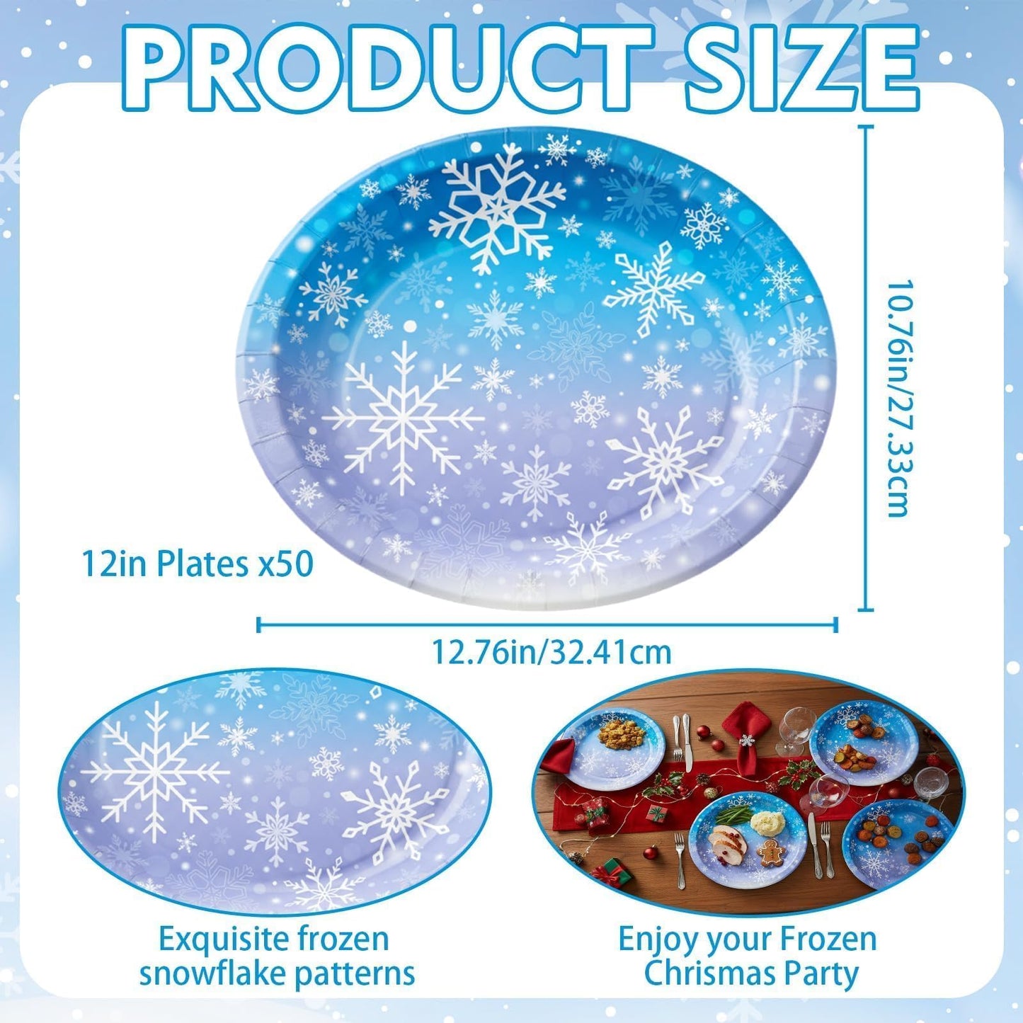 OuMuaMua 50Pcs Large Christmas Paper Plates, 12" Large Purple Blue Snowflake Dinner Plates Heavy Duty Disposable Dinnerware Set for Xmas Winter Wonderland Holiday Party Supplies Kitchen Table Decor