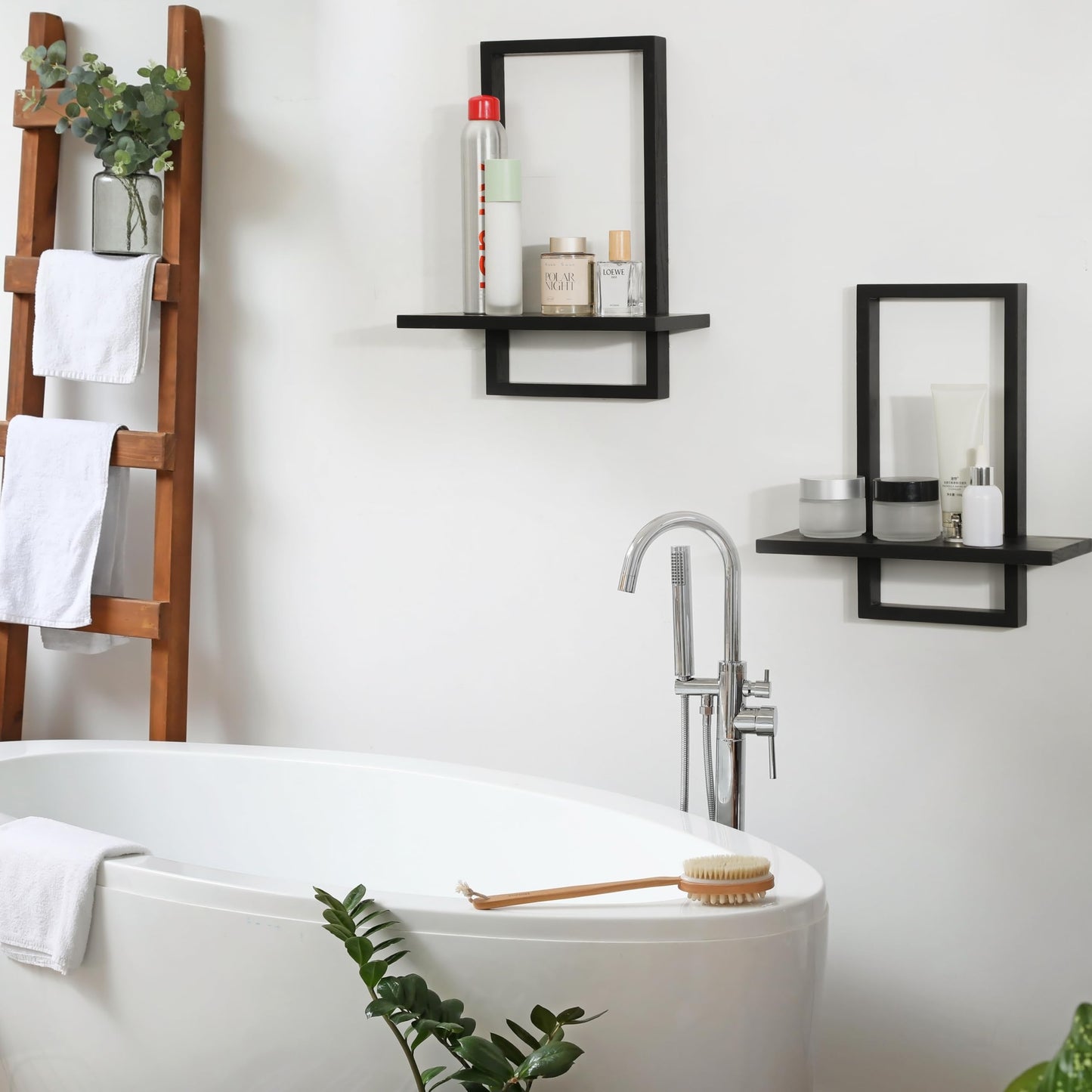 PHOENANCEE Square Floating Shelves,Wall Plants Holder,Bathroom Wall Decor,Framed Decorative Shelf Black,Modern Chic Set of 2 for Living Room Bedroom Home Office,Soild Wood,L+S