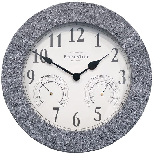 Presentime & Co Sandstone Outdoor Clock with Thermometer & Hygrometer as All in one Weather Station, 14", Gray Sandstone Finish. Weather Thermometer, Outdoor Décor, Wall Décor.