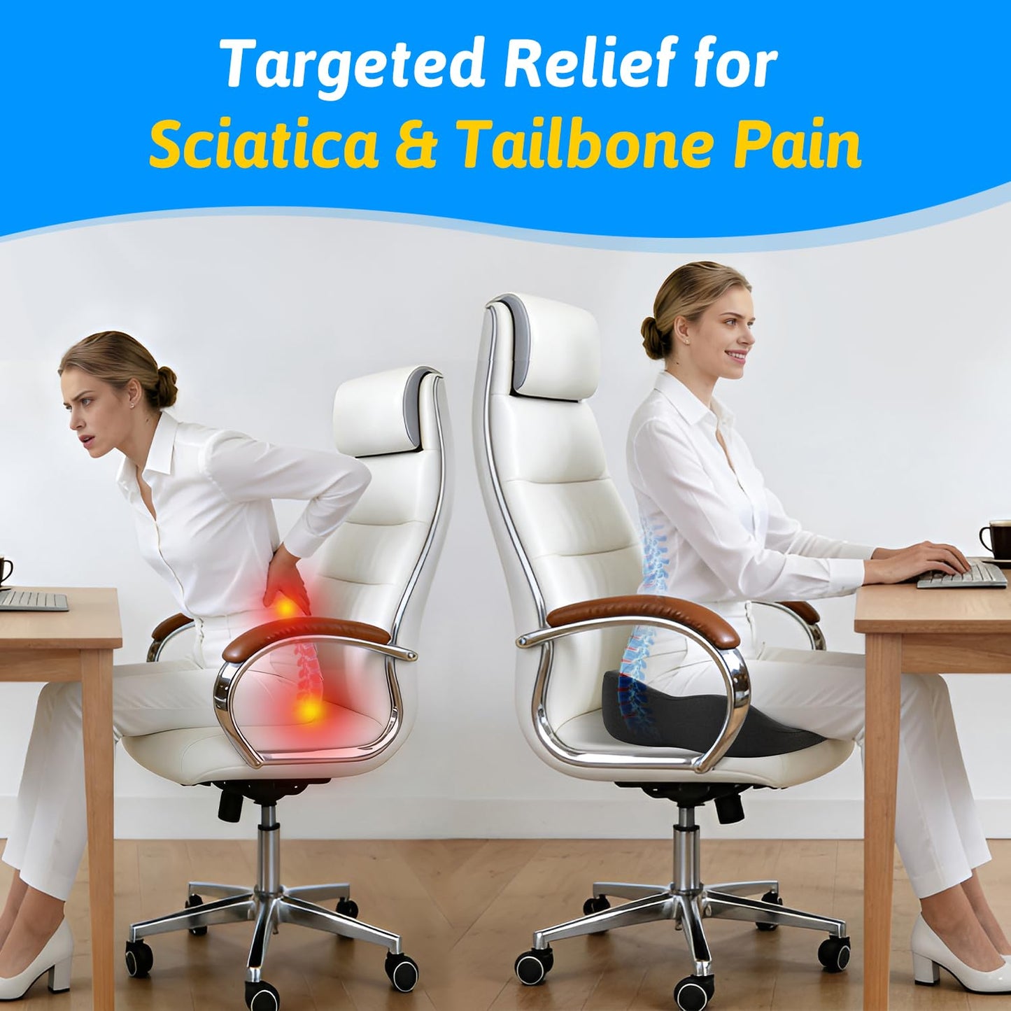 Seat Cushion for Tailbone & Sciatica Pain Relief – Certified & Ergonomist-Designed – Tapered Front Edge Reduces Thigh Pressure – Wide Memory Foam for Office Chair, Car, Wheelchair (Gray)
