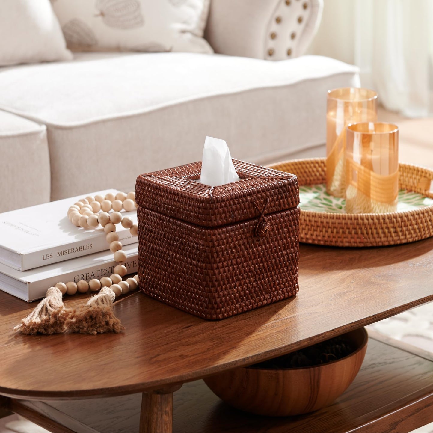 Rattan Square Tissue Box Cover, 5.7" x 5.7" x 5", Decorative Woven Facial Tissue Holder with Hinged Top Lid, Brown