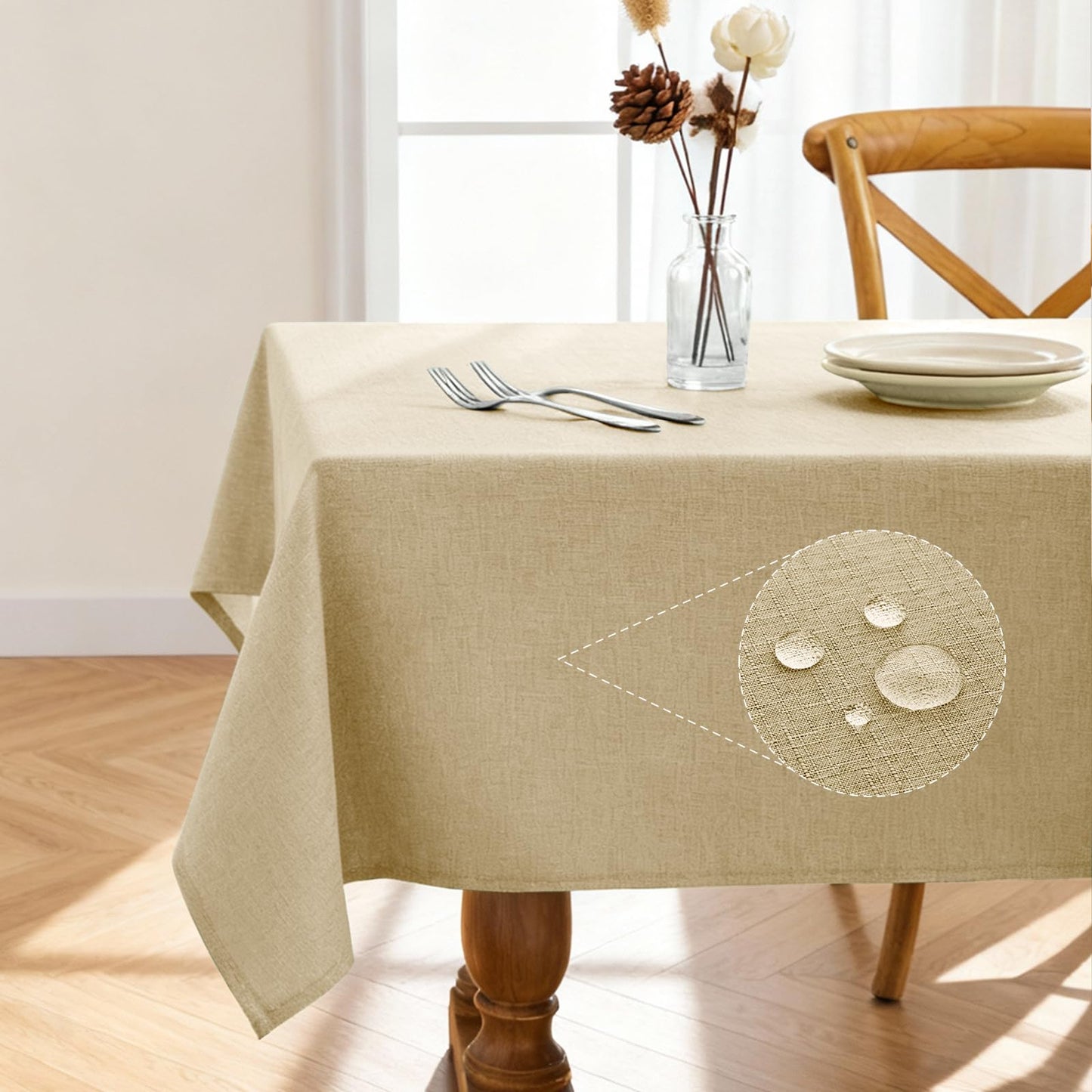 Pureegg Rectangle Linen Tablecloth Waterproof & Stain Resistant, Wrinkle-Free Table Cloth Adds Elegance and Protection, Ideal for Dining, Party, Wedding and Outdoor, 52 x 70 Inch, Beige