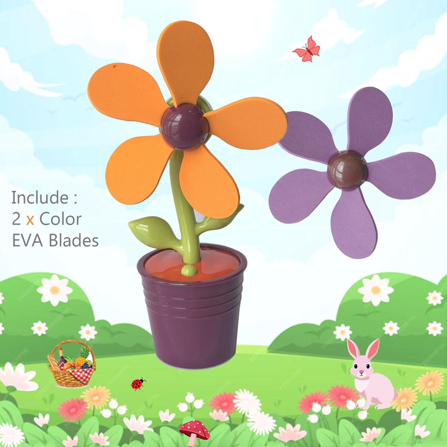 Mini Rechargeable Flower Pot Fan, Includes 2 EVA Blades (1 Purple and 1 Orange) USB-C Charging, 200mAh Battery, Decorative Desktop Fan,