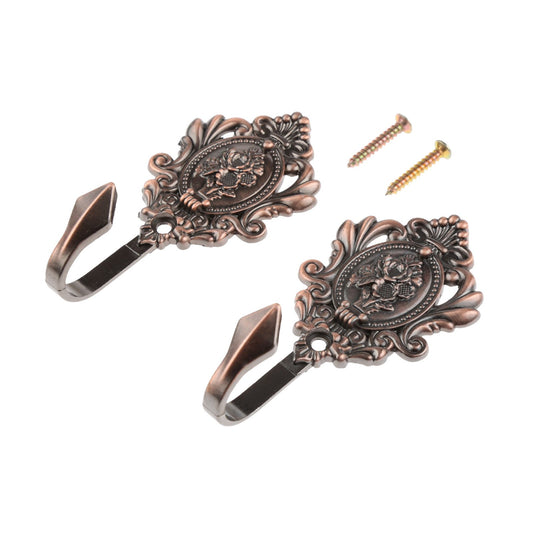 Hicello 2Pcs Wall Hooks Red Copper Rose Pattern Carved Vintage Drapery Clothes Key Hook Bathroom Bedroom Multi-Function Decorative Hook with Screws