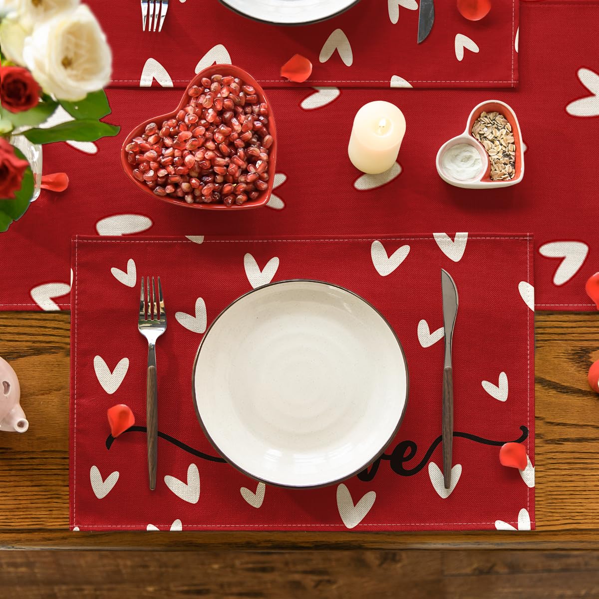 Artoid Mode Red Love Hearts Placemats Set of 4, 12x18 Inch Seasonal Anniversary Holiday Table Mats for Party Kitchen Dining Decoration