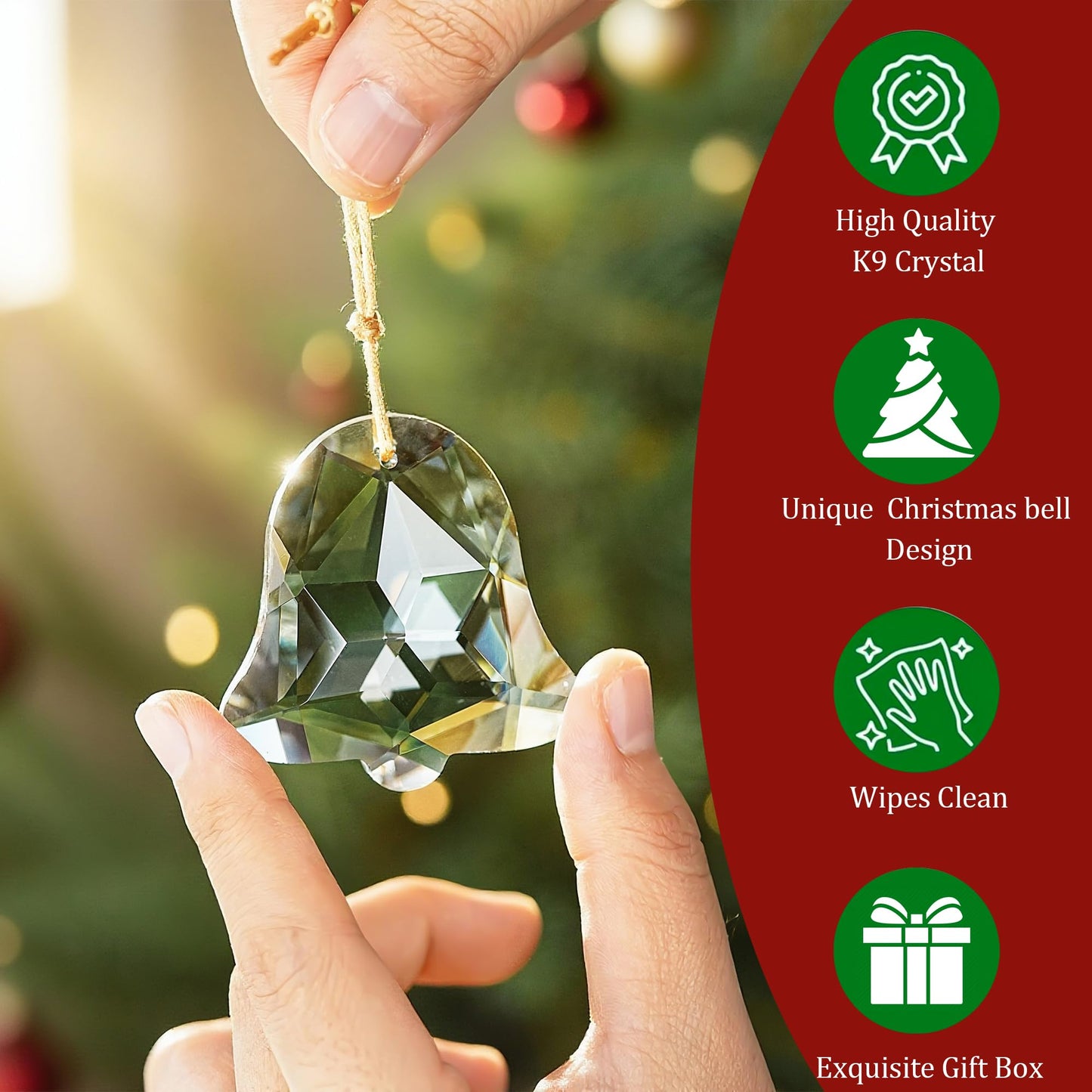 H&D HYALINE & DORA Set of 6 Crystal Christmas Ornaments Clear Faceted Glass Christmas Bell Hanging Ornaments for Xmas Tree Winter New Year Party Decoration(2 Inch)