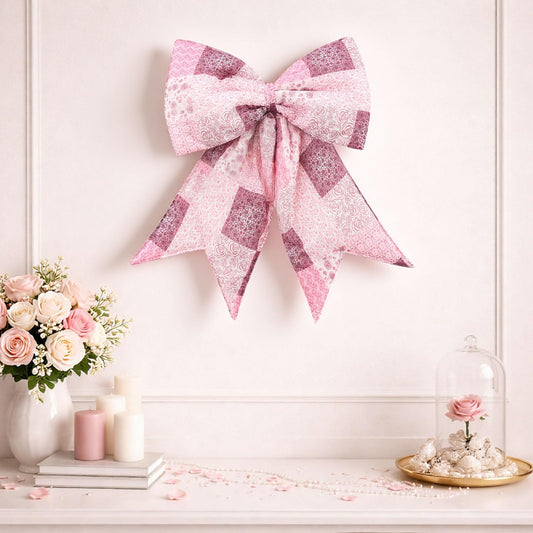Suncalla 14 x18 Inch Quilted Large Pink Bow Decor Vintage Floral Cotton Giant Farmhouse Coquette Handmade Bow for Spring Home Wreath Front Door Wall Birthday Party Wedding Mother's Day Decoration