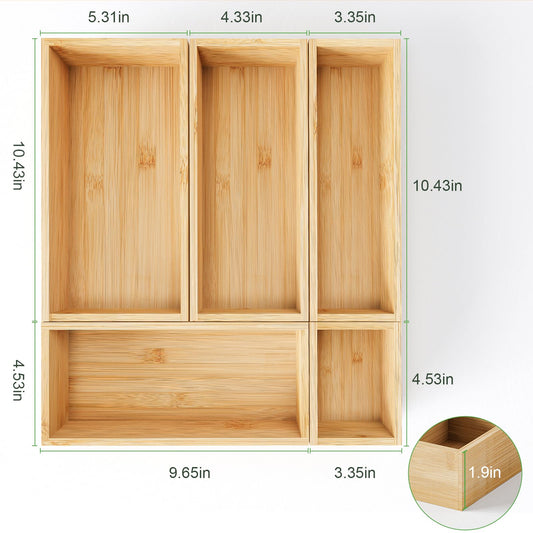HUCINIUN Bamboo Drawer Organizer Boxes, 5 PCS Junk Drawer Organizer, Wooden Storage Trays for Kitchen, Bathroom, Office, Makeup