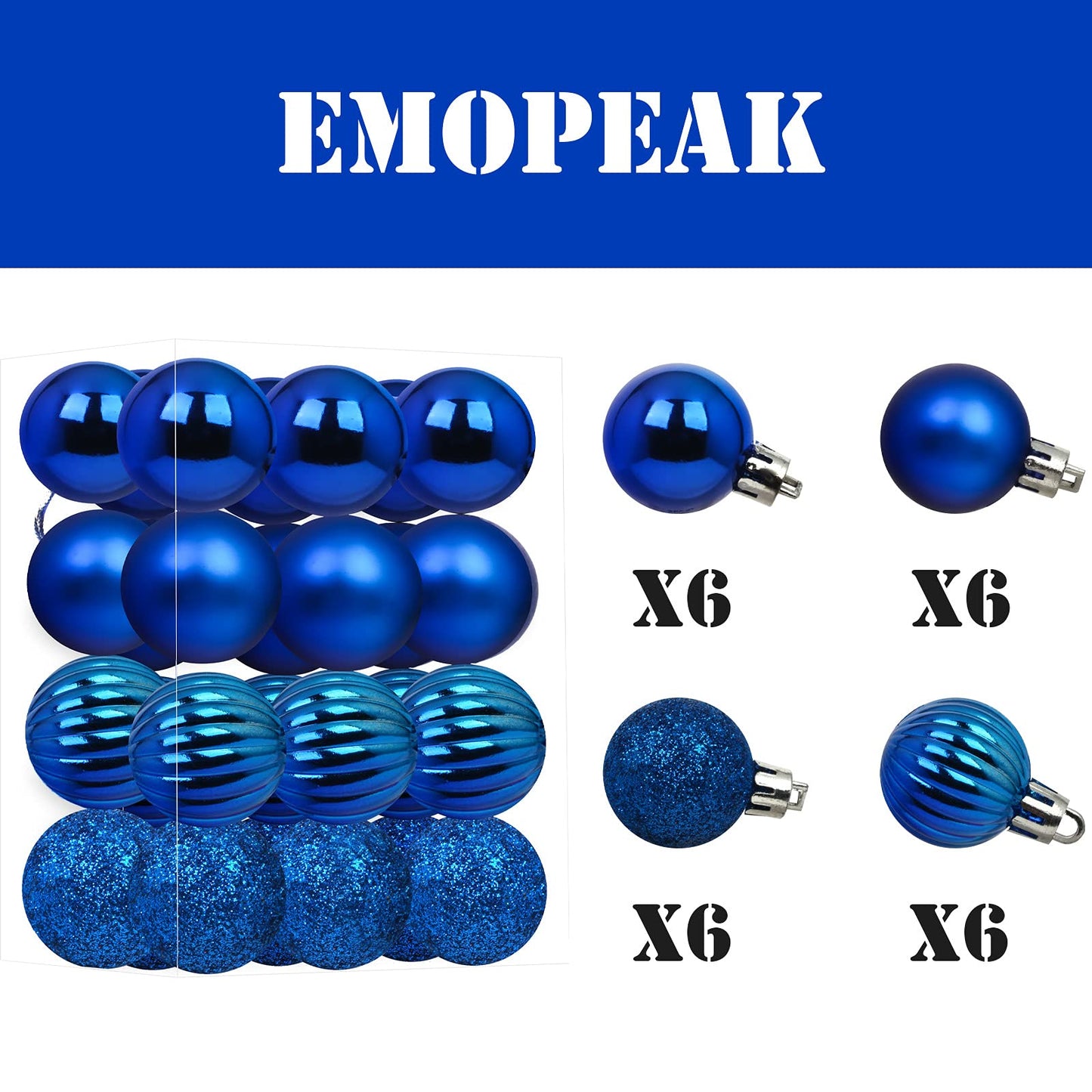 Emopeak 24Pcs Christmas Balls Ornaments for Xmas Christmas Tree - 4 Style Shatterproof Christmas Tree Decorations Hanging Ball for Holiday Wedding Party Decoration (Navy Blue, 1.3"/3.2CM)