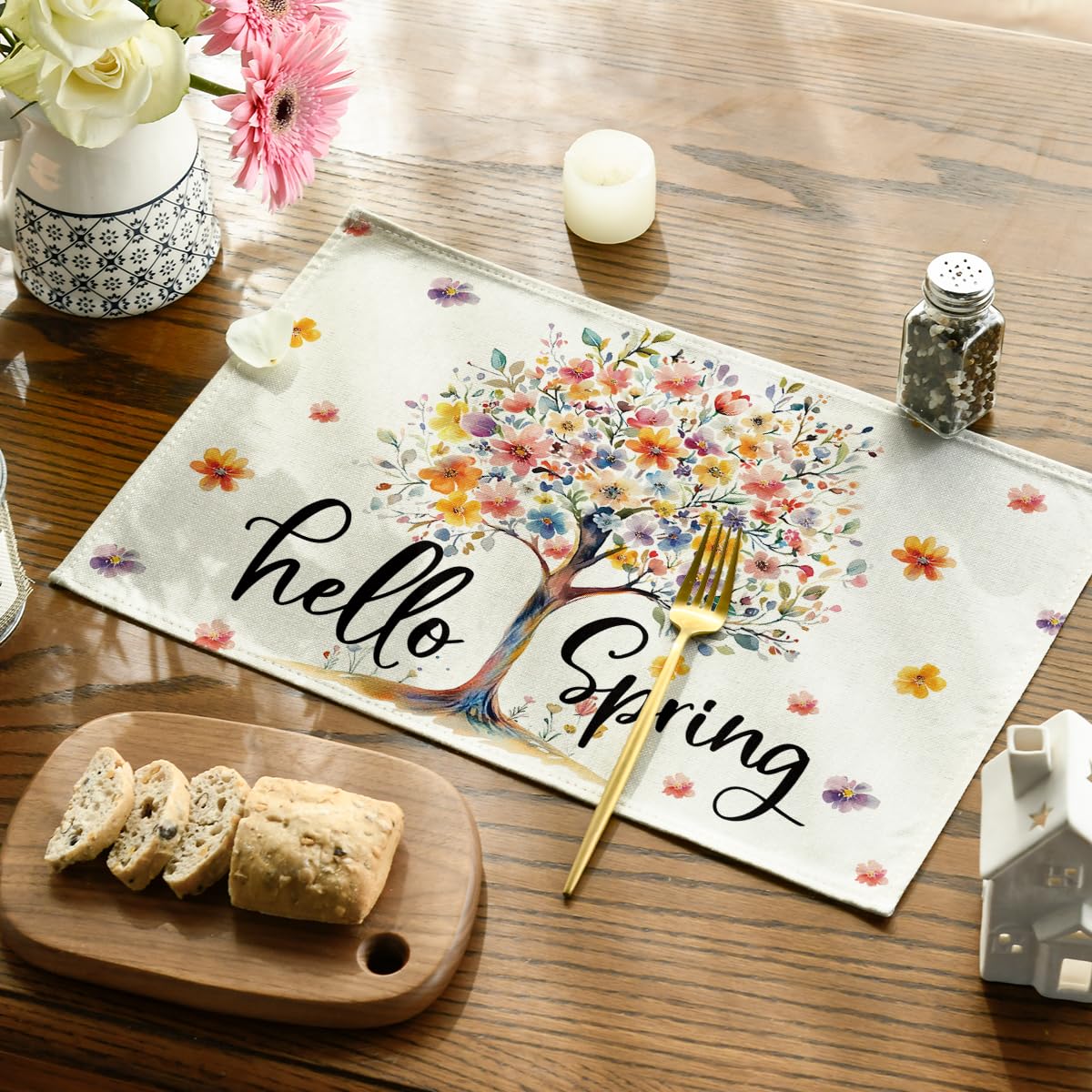 Artoid Mode Floral Tree Leaves Hello Spring Placemats Set of 4, 12x18 Inch Seasonal Summer Holiday Table Mats for Party Kitchen Dining Decoration