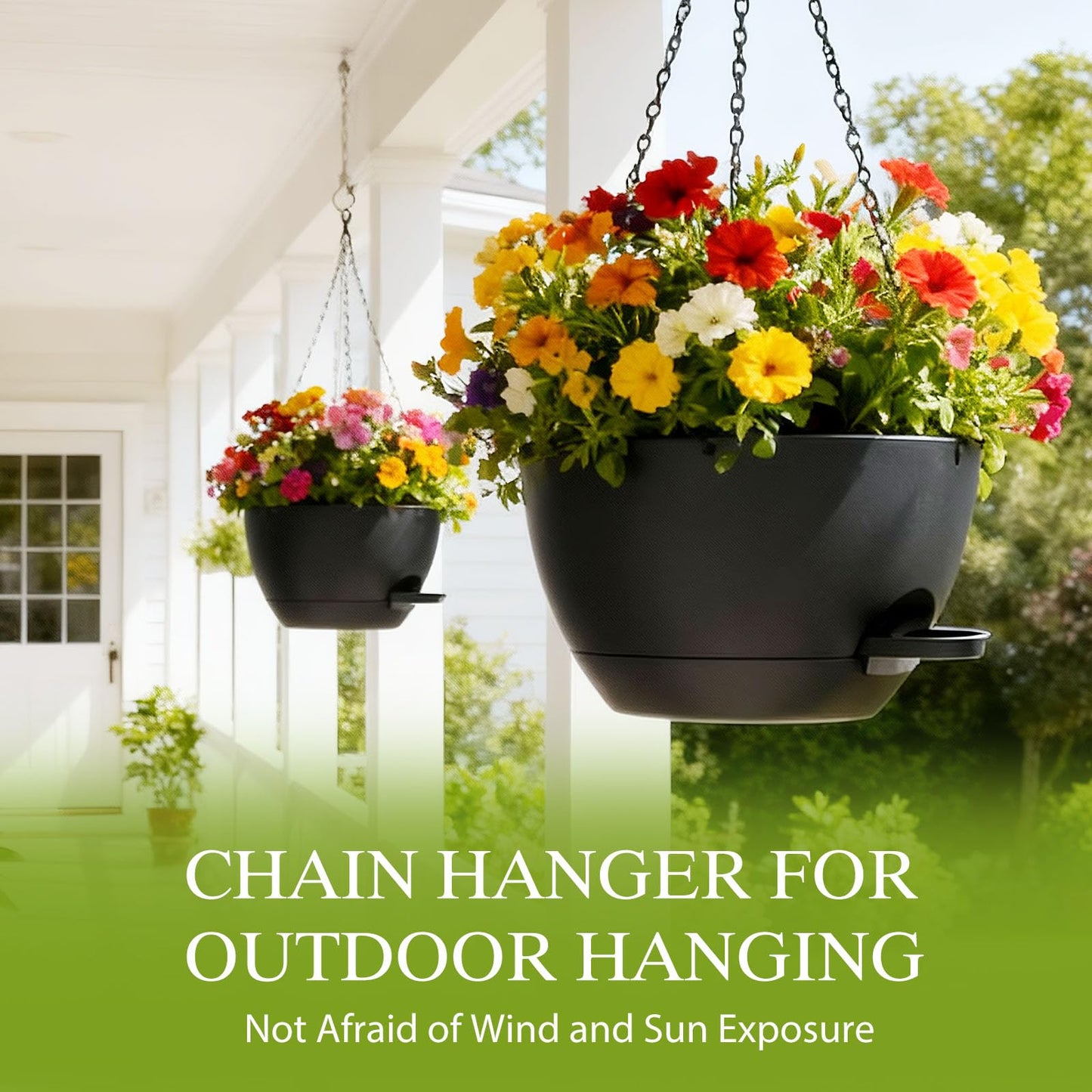 SQKH 12 Inch Hanging Baskets 2 PC with Chains, Self-Watering Hanging Planters for Indoor Outdoor Plants, Plastic Hanging Flower Pots,Black
