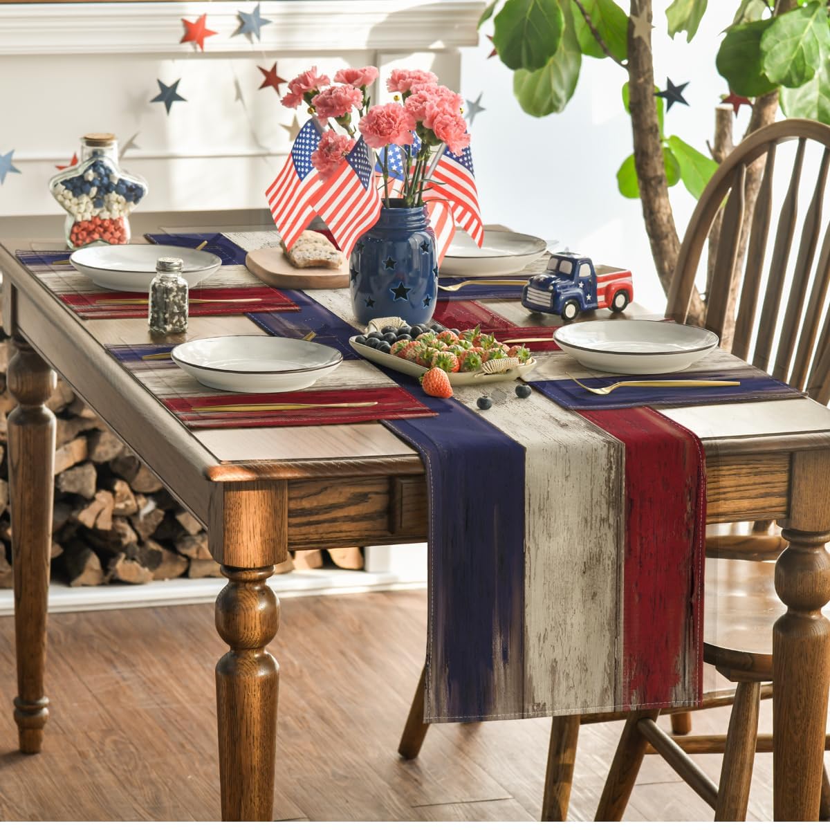 Artoid Mode Wood Style Stripes 4th of July Placemats Set of 4, 12x18 Inch Memorial Day Patriotic Table Mats for Party Kitchen Dining Decoration