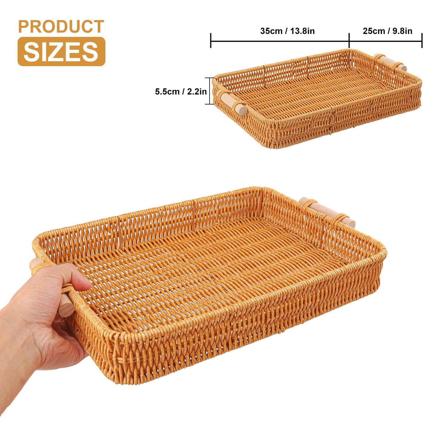 Geytetqi 3 Pack 13.8 x 9.8 inch Rectangle Rattan Tray, Rectangle Woven Serving Basket with Handles, Storage Rattan Serving Trays for Home, Restaurant & Hotel Use, Durable & Easy-Cleaning