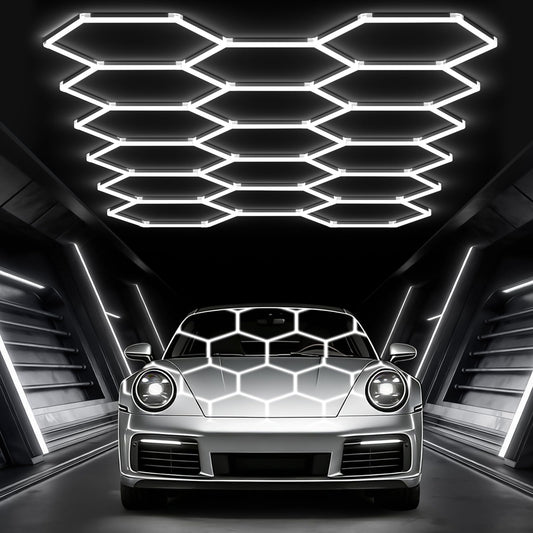Glitgate Hexagon Garage Lights, Car Detailing & Gym, 476W 52360LM LED Shop Light, 6500K Hexagon Ceiling Light Grid, Modern LED Ceiling Light for Showroom Barber Shop
