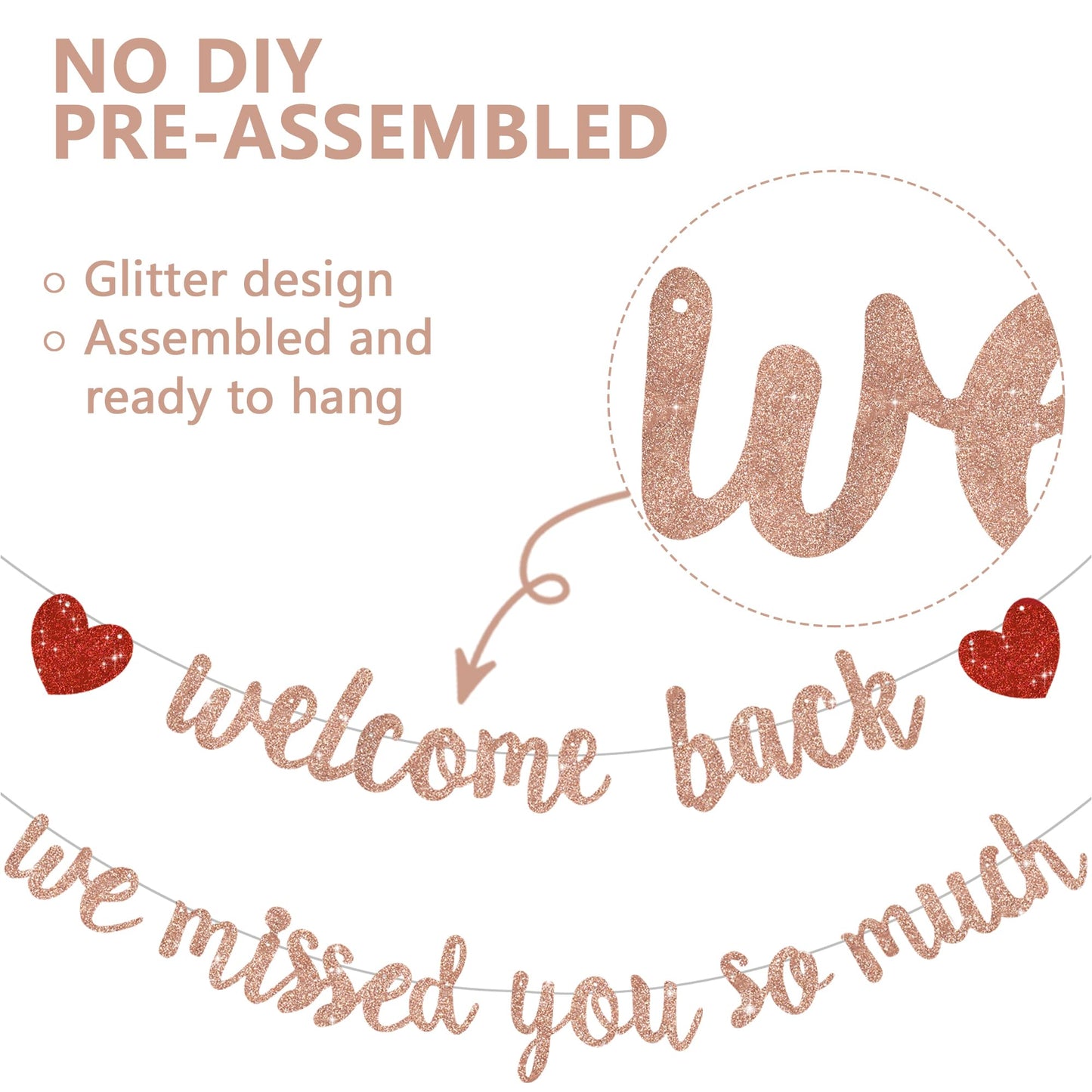 RICHHHA Rose Gold Welcome Back We Missed You So Much Banner,NO DIY,for Welcome Home Celebration Decorations Family Gathering,Back to School Events Military Homecoming Decoration