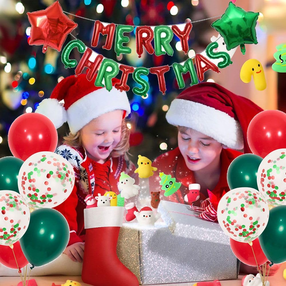 Merry Christmas Balloons Banner 13pcs Aluminum Foil 16 Inch Letters with 2pcs 18 Inch Star Balloons 30pcs Red Green Confetti Balloon for Christmas Party Decorations