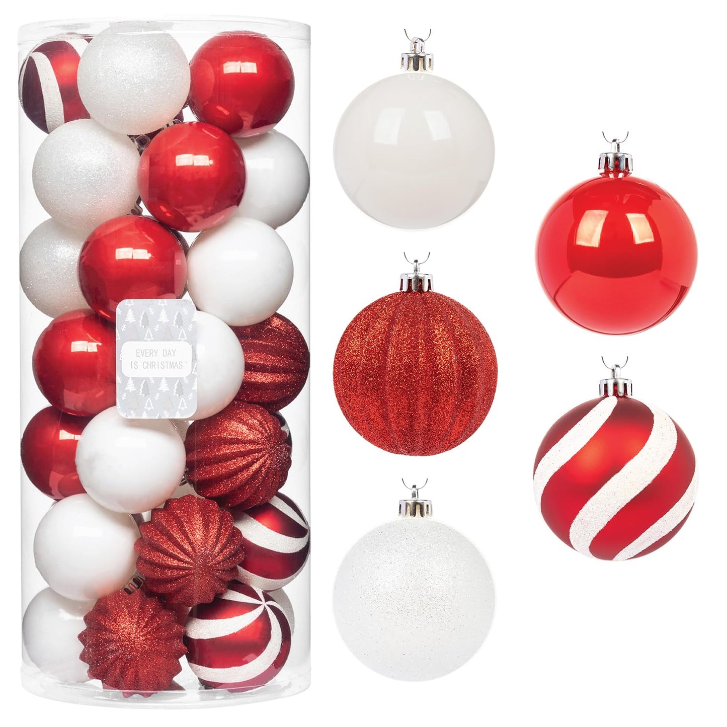 Every Day is Christmas Ornaments, Shatterproof Christmas Tree Ornament Set, Christmas Balls Decoration 35 Count (2.75"/70mm, Red White)