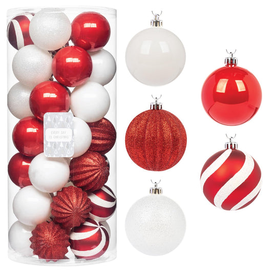 Every Day is Christmas Ornaments, Shatterproof Christmas Tree Ornament Set, Christmas Balls Decoration 35 Count (2.75"/70mm, Red White)