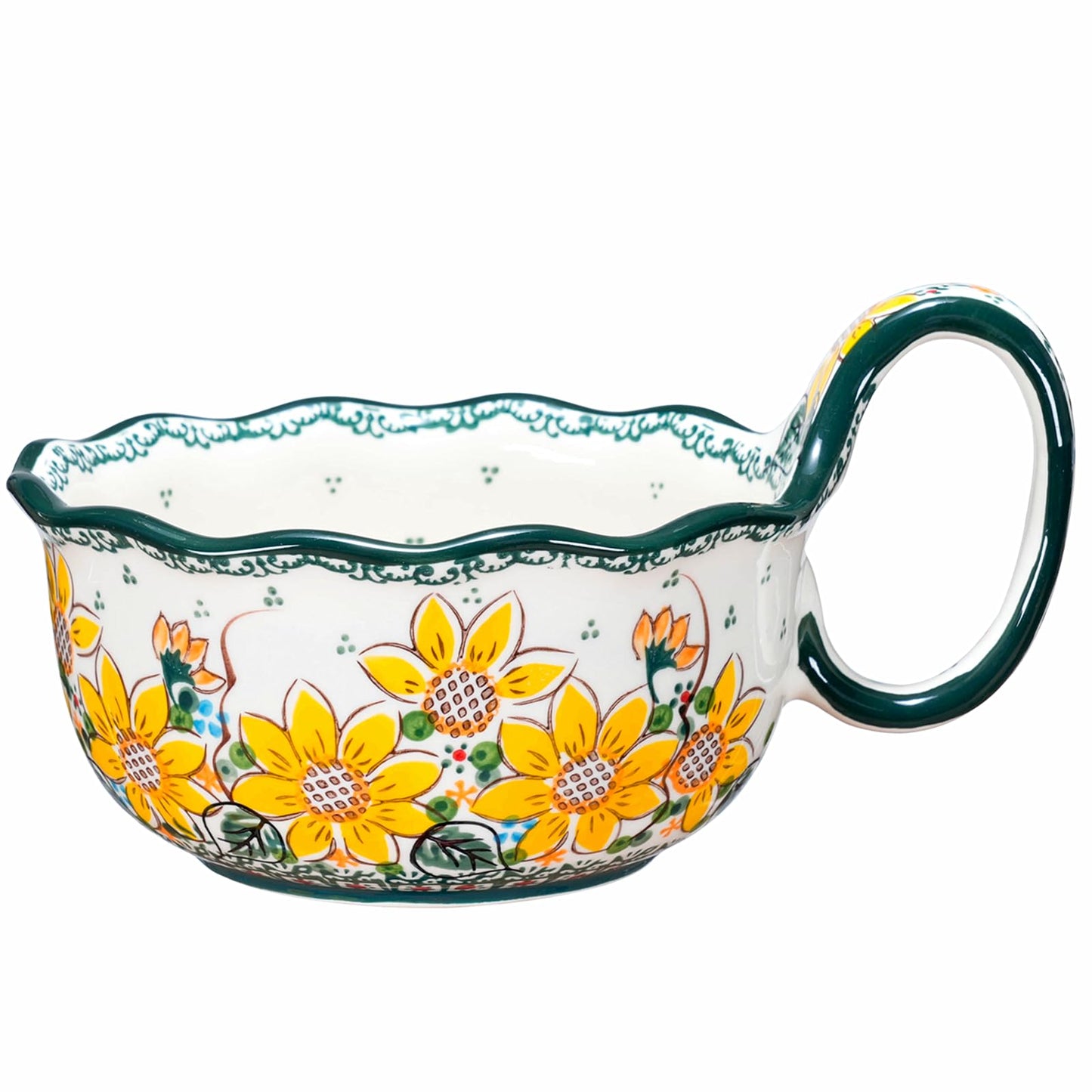 silesia Handmade Ceramic Soup Bowl, 30 oz Hand Painted Bowl with Loop Handle, Floral Design Cereal Bowl for Soup, Ice cream, Snack, Microwave & Dishwasher Safe (Sunflower)