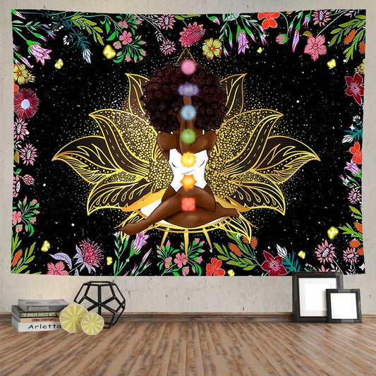 Ine Ive African Chakra Tapestry African American Woman Zen Meditation Tapestries 80x60 Inch Starry Sky Flower Garden Inspirational Afro Yoga Wall Art for Bedroom Dorm Decor