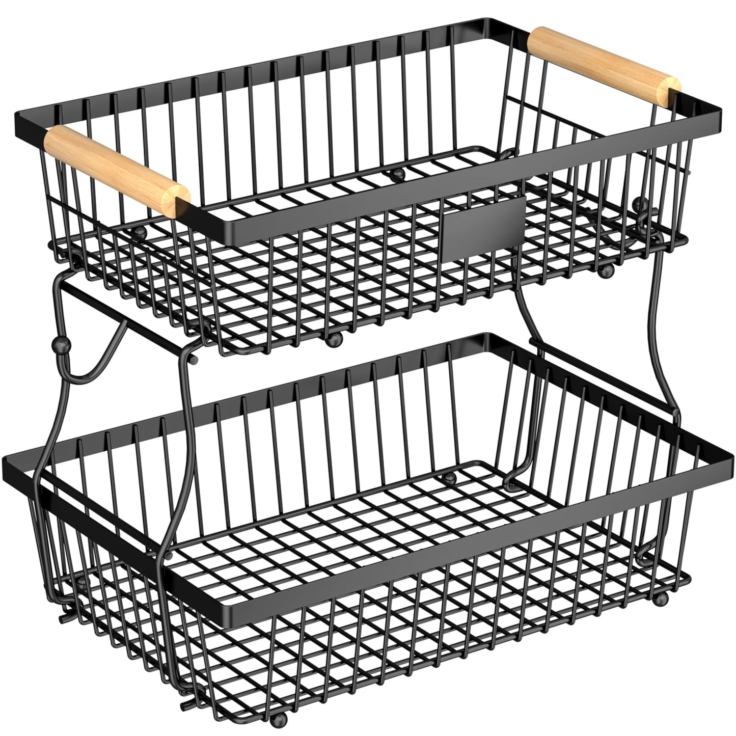 Astrorhine 2 Tier Fruit Basket for Kitchen Counter with 2 Banana Hangers, Countertop Metal Bread Basket with Wooden Handle, Large Storage Stand for Vegetables, Snacks, Eggs, Produce Storage – Black