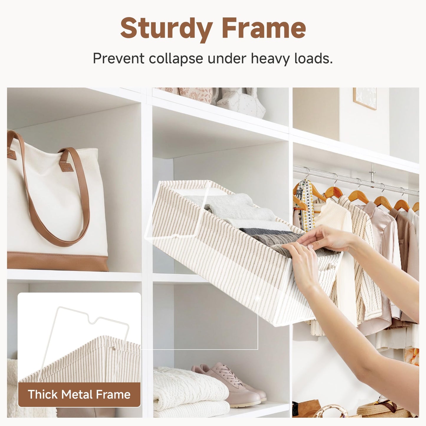 StorageWorks Narrow Storage Bins, Small Basket for Closet and Shelves, Fabric Organizer with Handles, Toilet Paper Storage, Khaki and Beige Stripes, 2-Pack