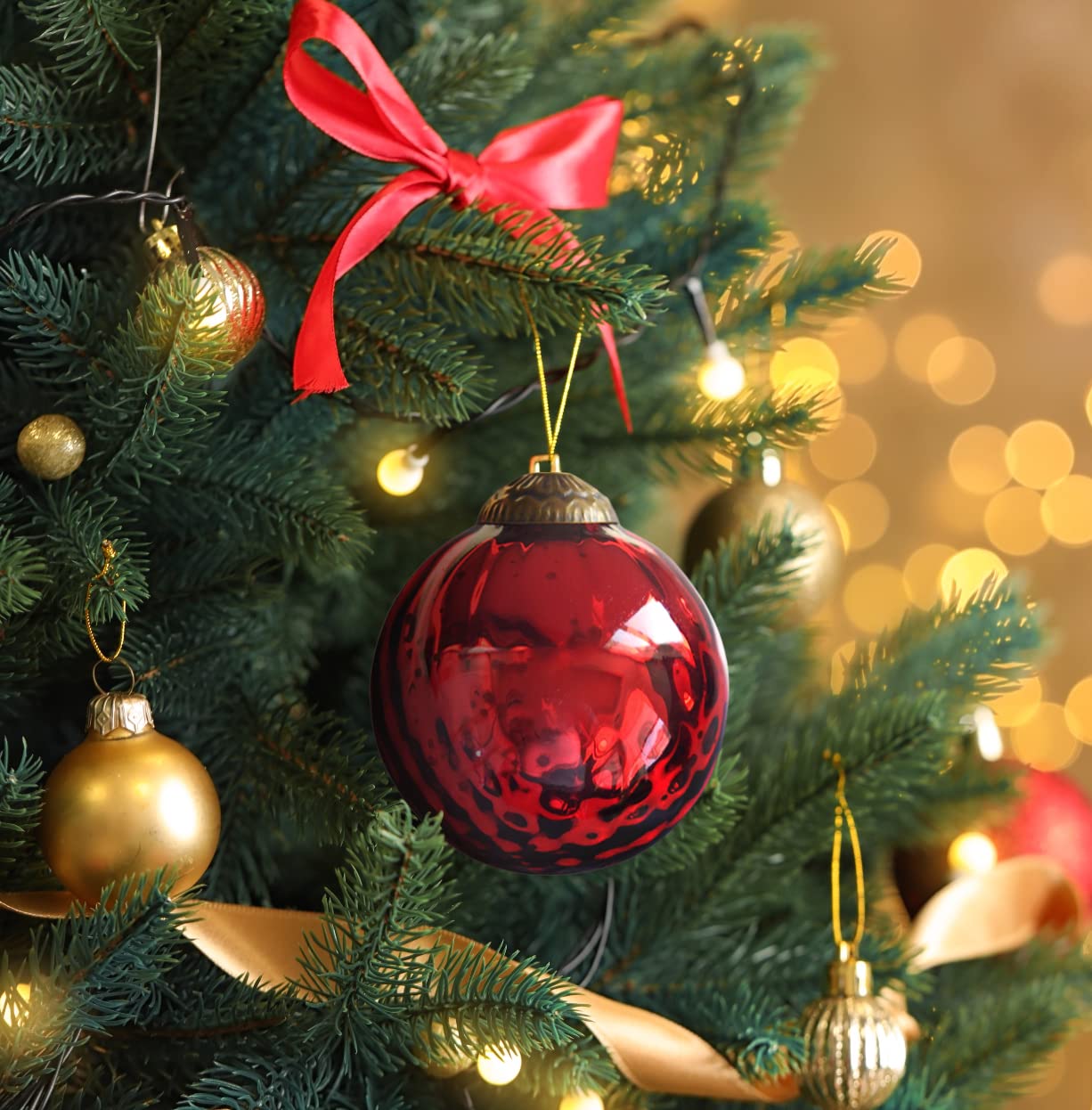 Set of 4 Red Mercury Glass Ornaments (3.15" Antique Embossed Ball) Perfect for Christmas Tree, Hanging Holiday Decoration, Gifts & Home Decor