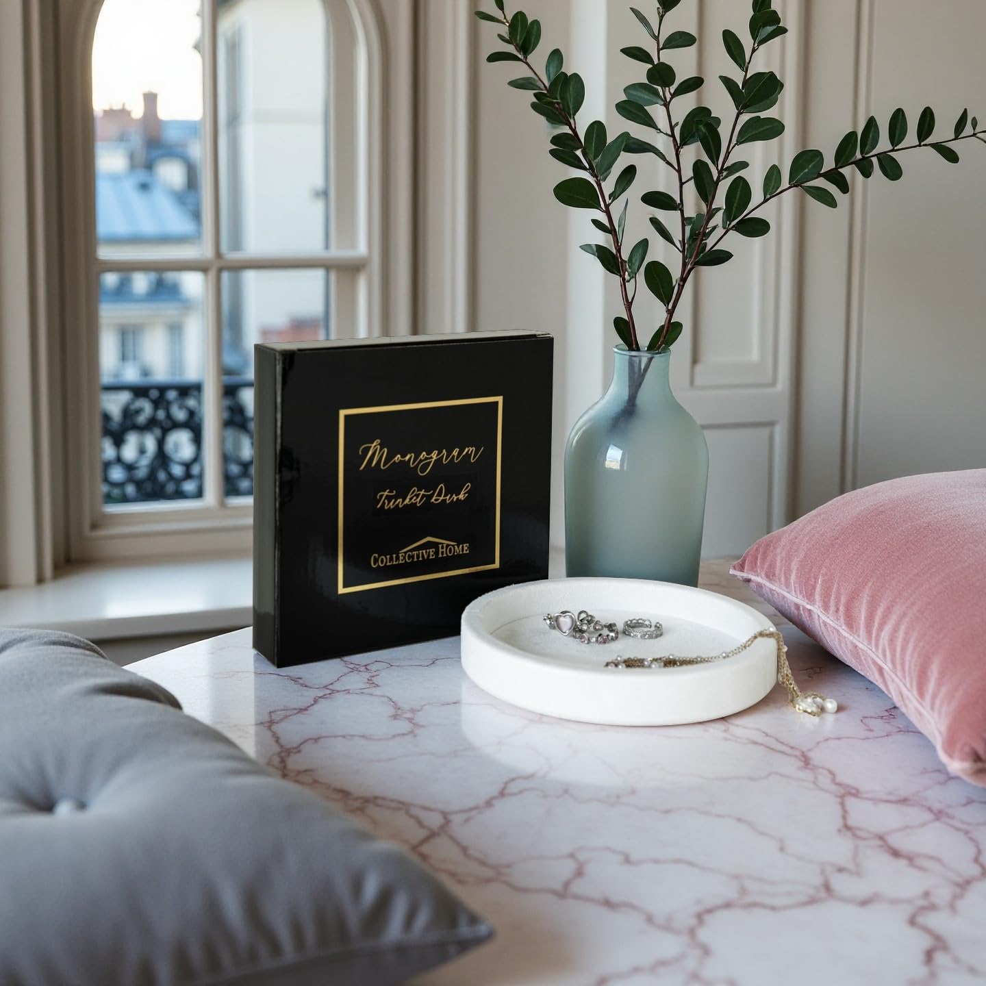 COLLECTIVE HOME - Velvet Jewelry Tray, 6" Monogrammed Jewelry Dish, Smooth Velour Display Dish for Rings, Earrings, Necklaces, Makeup, Personalized Gifts for Women (White-h)