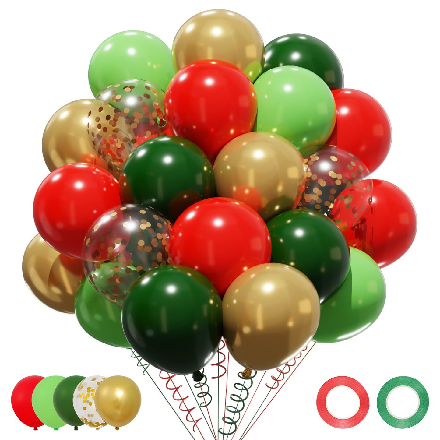 Patimate Red Green Christmas Balloons Set, 50 pcs 12 inch Metallic Gold Lime Forest Green Red Gold Confetti Latex Balloons Kit for Christmas Grinch Birthday Baby Shower Party Decorations