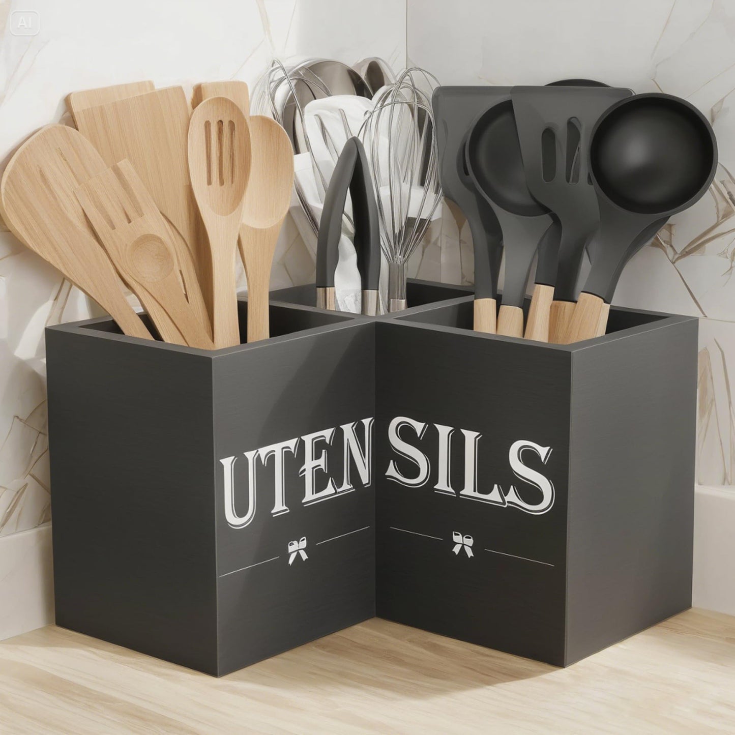 Suli Extra Large Kitchen Utensils Holder with 3 Compartments,Corner Utensil Caddy for Countertop,Wooden Utensil Organizer for Kitchen Countertop, Farmhouse Decor- Black