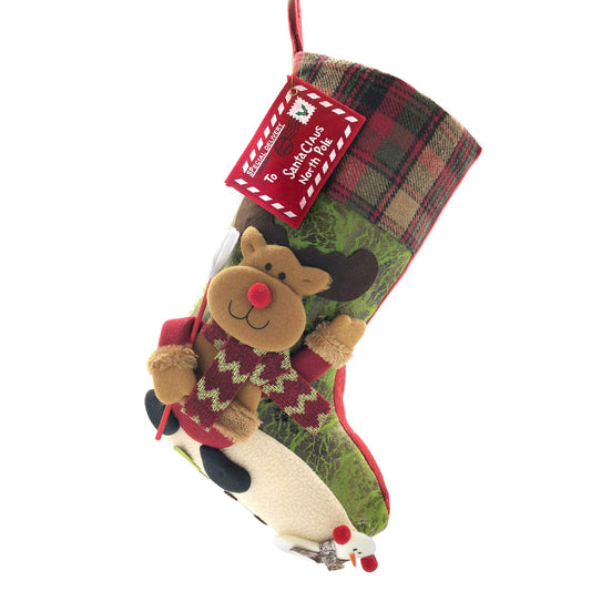 ETERAMUS 21 inch Plaid Christmas Stockings Deer, Bear, Animal One Piece, Felt Large Plush 3D Reindeer Snowman Design Hanging Stocking for Girls Boys Xmas Tree Mantel Party Decor (Green)