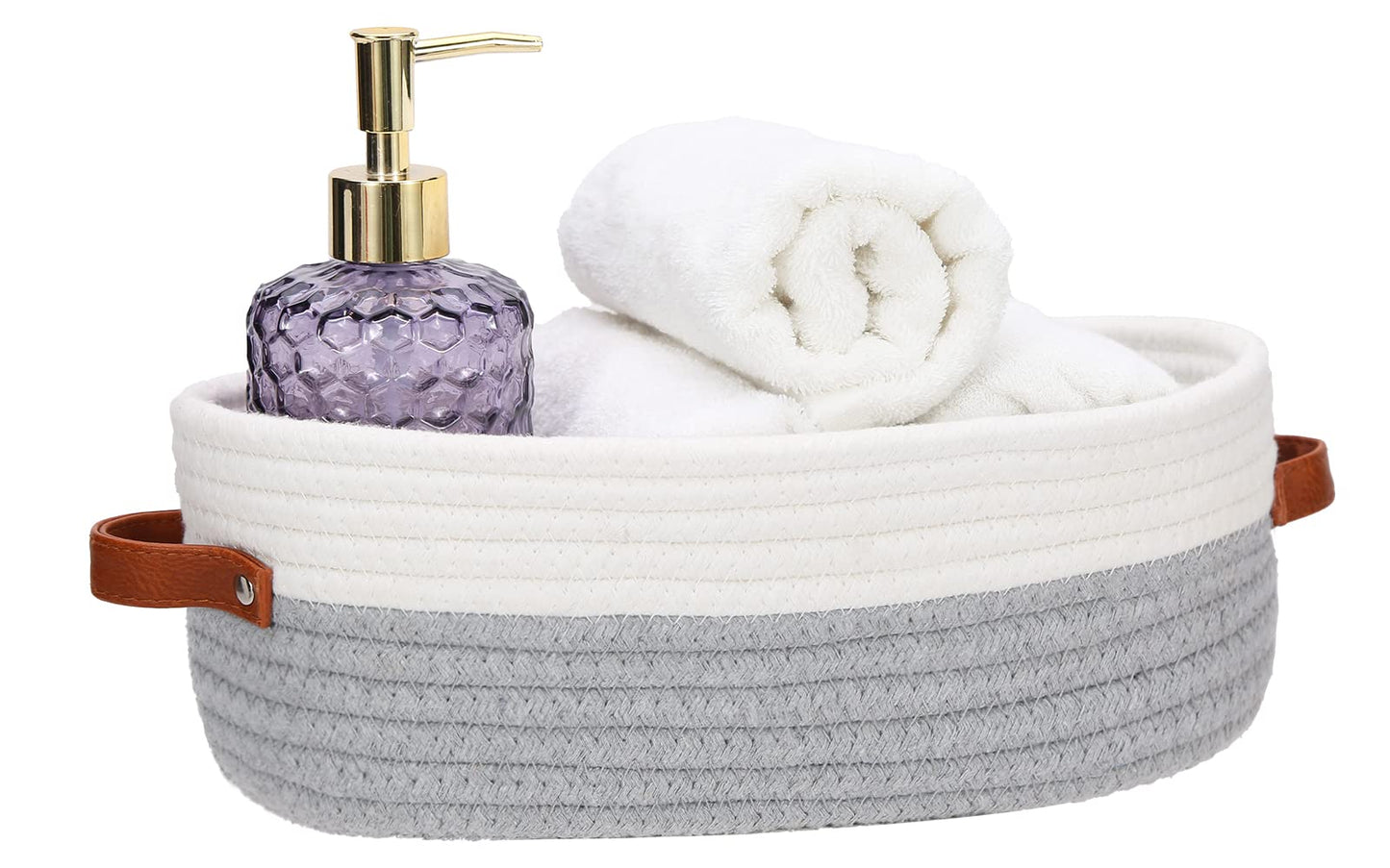 HLWDFLZ Bathroom Countertop Organizer Basket, Cotton Rope Woven Storage Basket Toilet Paper Decorative Basket for Bathroom, Bedroom, Living Room, Entryway 13"x6.3"x4.3" (Off White/Gray)