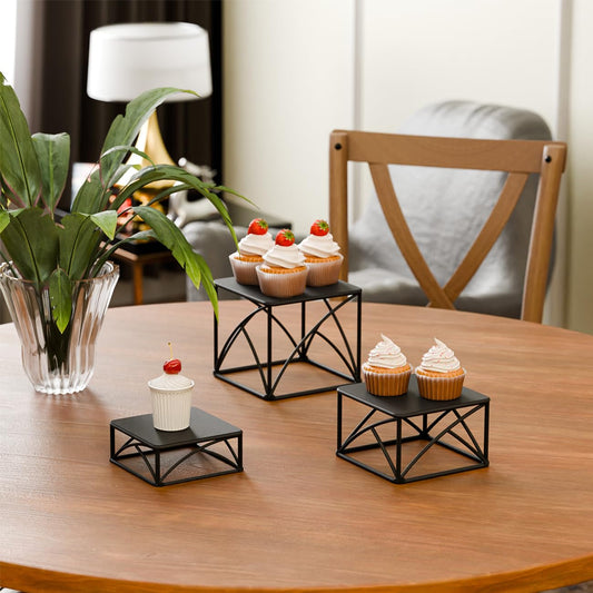 BYCY Dessert Tabletop Risers 6 Inch White Square Matte Wire Nesting Cupcake Risers Display Stand Shelf for Catering Collectibles Jewelry Figures Show , Set of 3 (Black)
