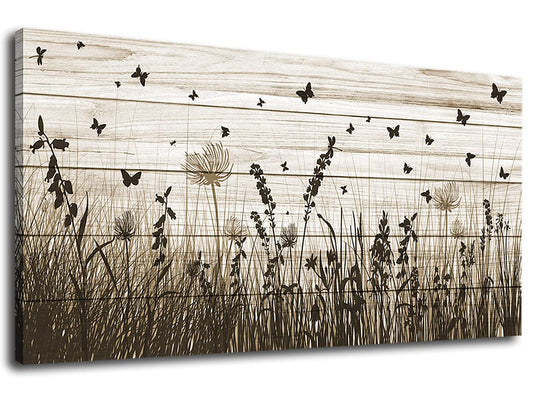 Wildflower Wall Art Autumn Canvas Picture Butterfly Grass Dandelion Artwork Vintage Wooden Board Painting Prints for Bedroom Living Room Office Home Kitchen Wall Decor Framed Ready to Hang 29" x 58"