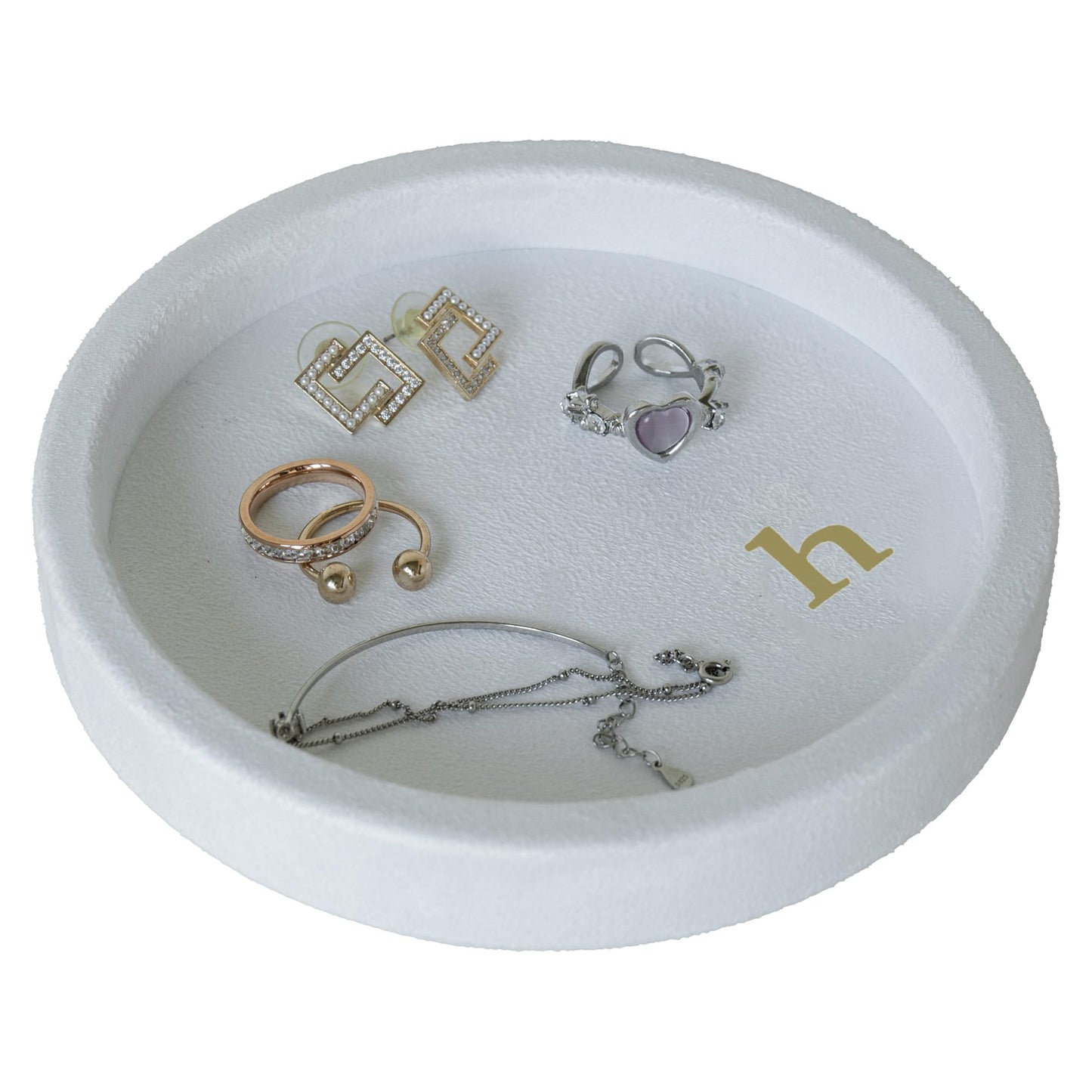 COLLECTIVE HOME - Velvet Jewelry Tray, 6" Monogrammed Jewelry Dish, Smooth Velour Display Dish for Rings, Earrings, Necklaces, Makeup, Personalized Gifts for Women (White-h)