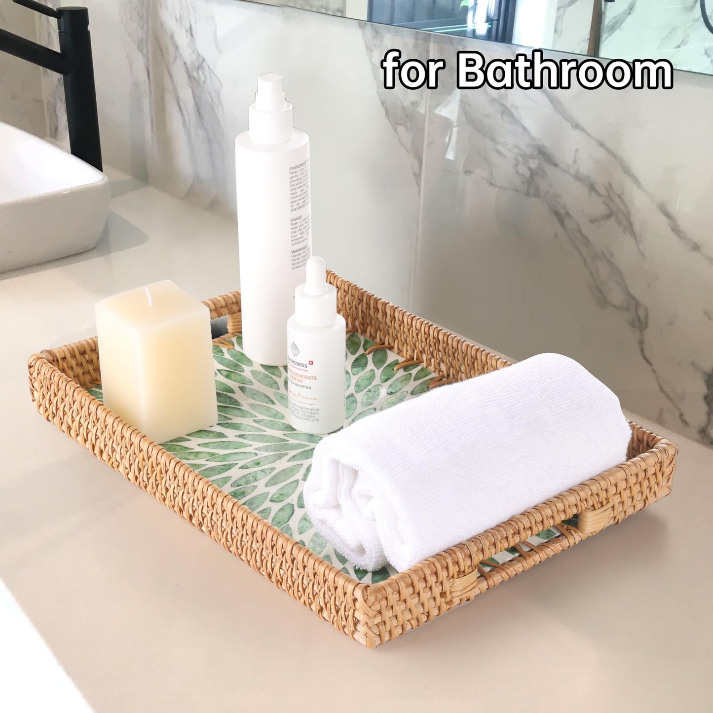 Tynulox Rectangle Rattan Tray with Mother of Pearl Inlay, Rattan Serving Tray with Handle for Coffee, Bread, Fruits, Snacks, Decorative Wicker Tray for Table Decor (Rectangle Green Leaf, 13"×9")
