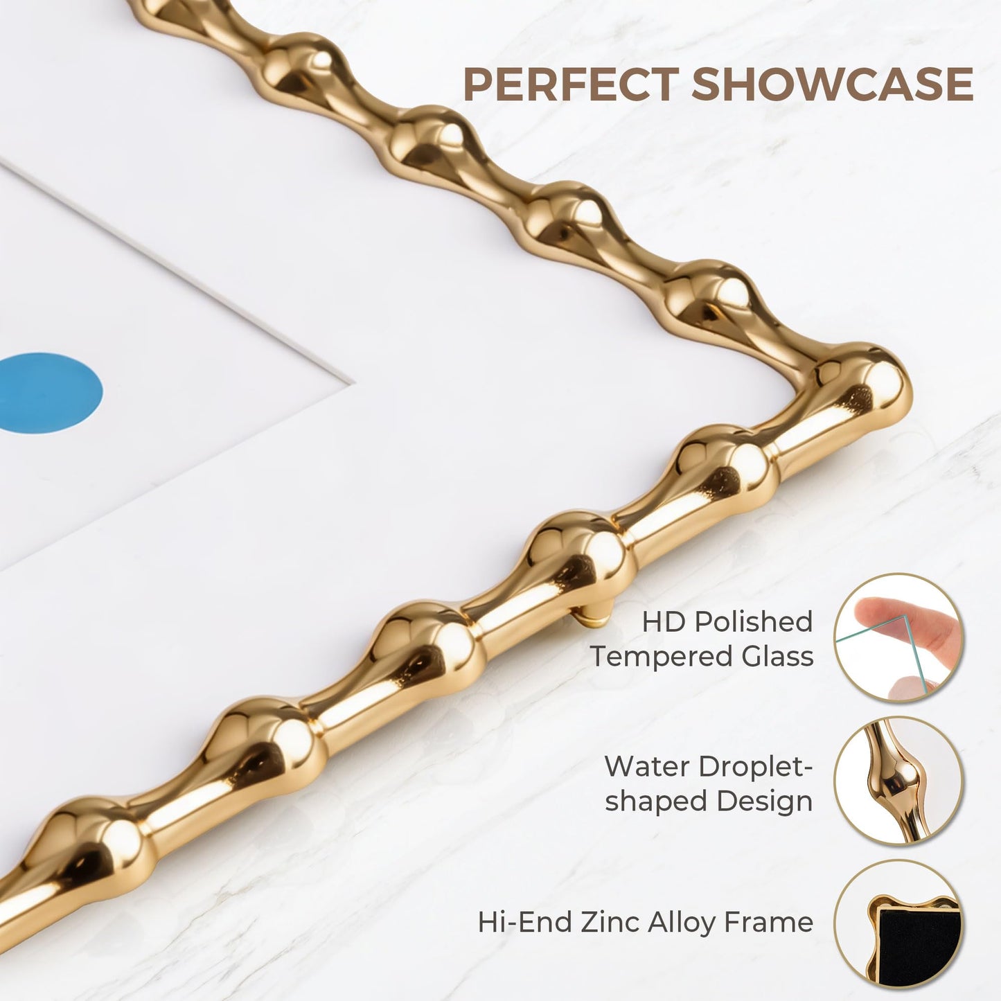 RICHFOCUS 4x6 Gold Picture Frame, Modern Zinc Alloy Photo Frame with Water Droplet Design, Mat for 3x5 Photo, Heavy Duty Metal Frame with Tempered Glass & Velvet Back for Tabletop & Wall Decor