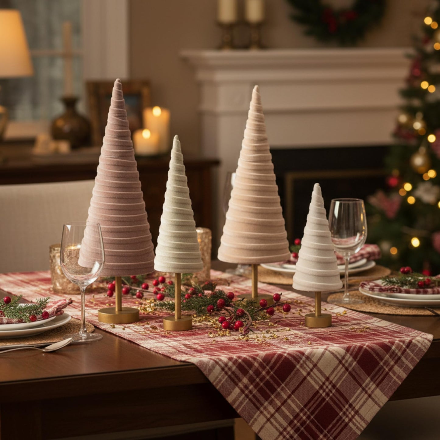 Hoolerry 4 Pcs Christmas Velvet Trees with Gold Pedestal Modern Rustic Christmas Velvet Cone Trees Minimalist for Mantel Table Centerpiece Entryway Home Winter Holiday Wedding Decor(Nude Tone)