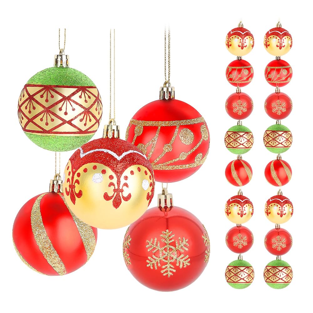 CAVETEE Christmas Ornaments,Glittering Shatterproof Traditional Country Hanging Decor for Xmas Holiday Party Christmas Tree Ornaments Party Decorations (16, Red&Green&Gold)