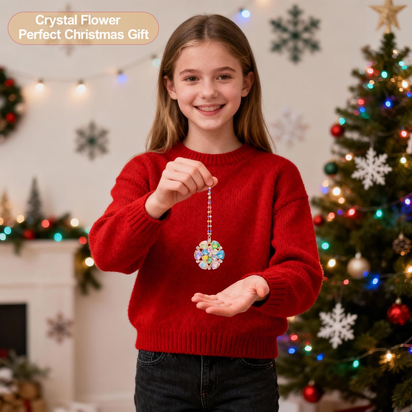 Lumiti Crystal Flower Christmas Ornaments, Glitter Cute Hanging Decorations for Xmas Tree Decor Gift for Women Girls Kids Mom (Flower)